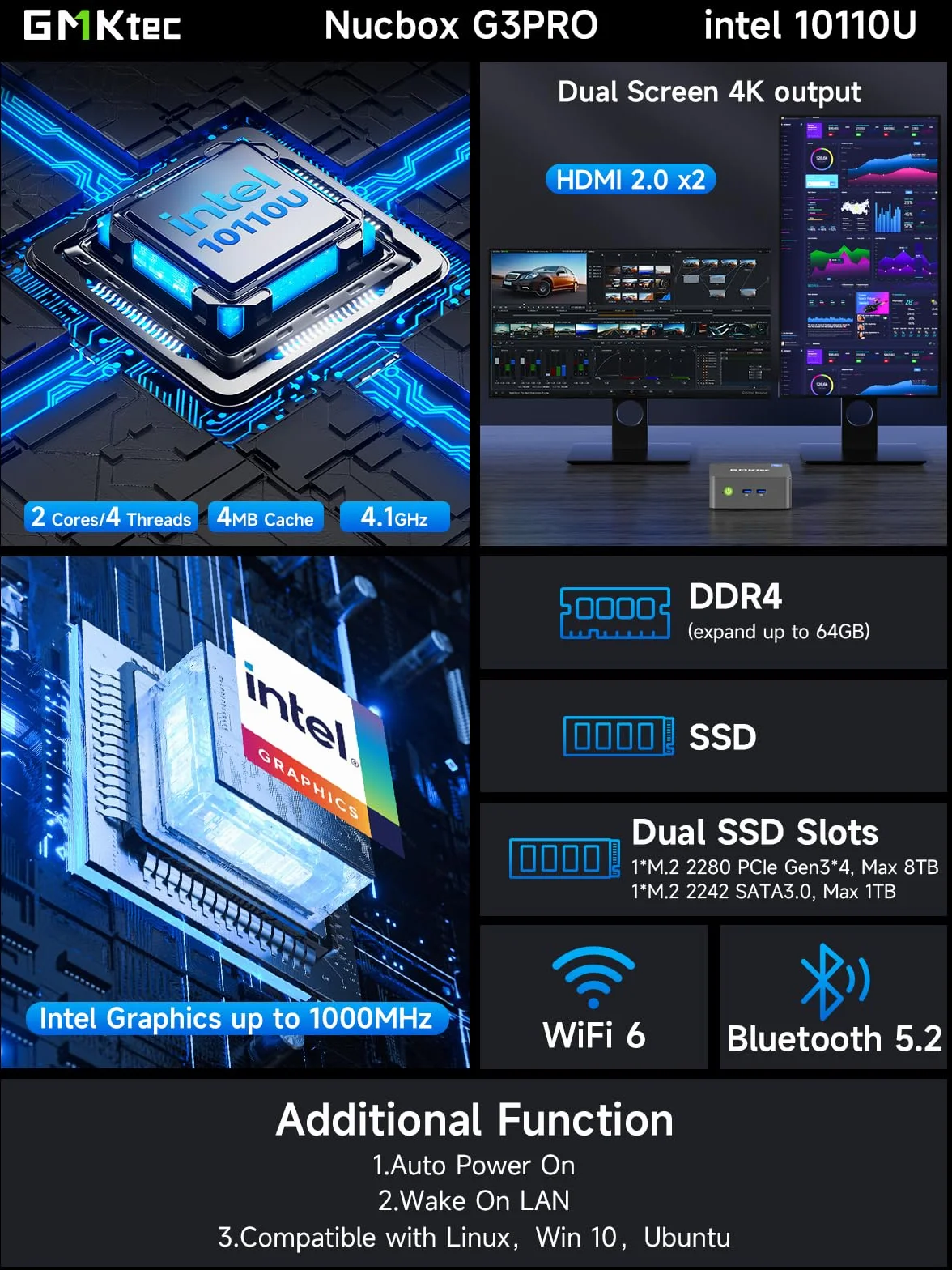 GMKtec Mini PC z procesorem Ryzen 5 3500U (Beats N150), 16GB RAM 256GB SSD 7 12. generacji (do 3,60 GHz), NUC Micro PC, 12 GB DDR4 RAM 256 GB, dysk twardy SSD do biznesu, szkoły, biura G5