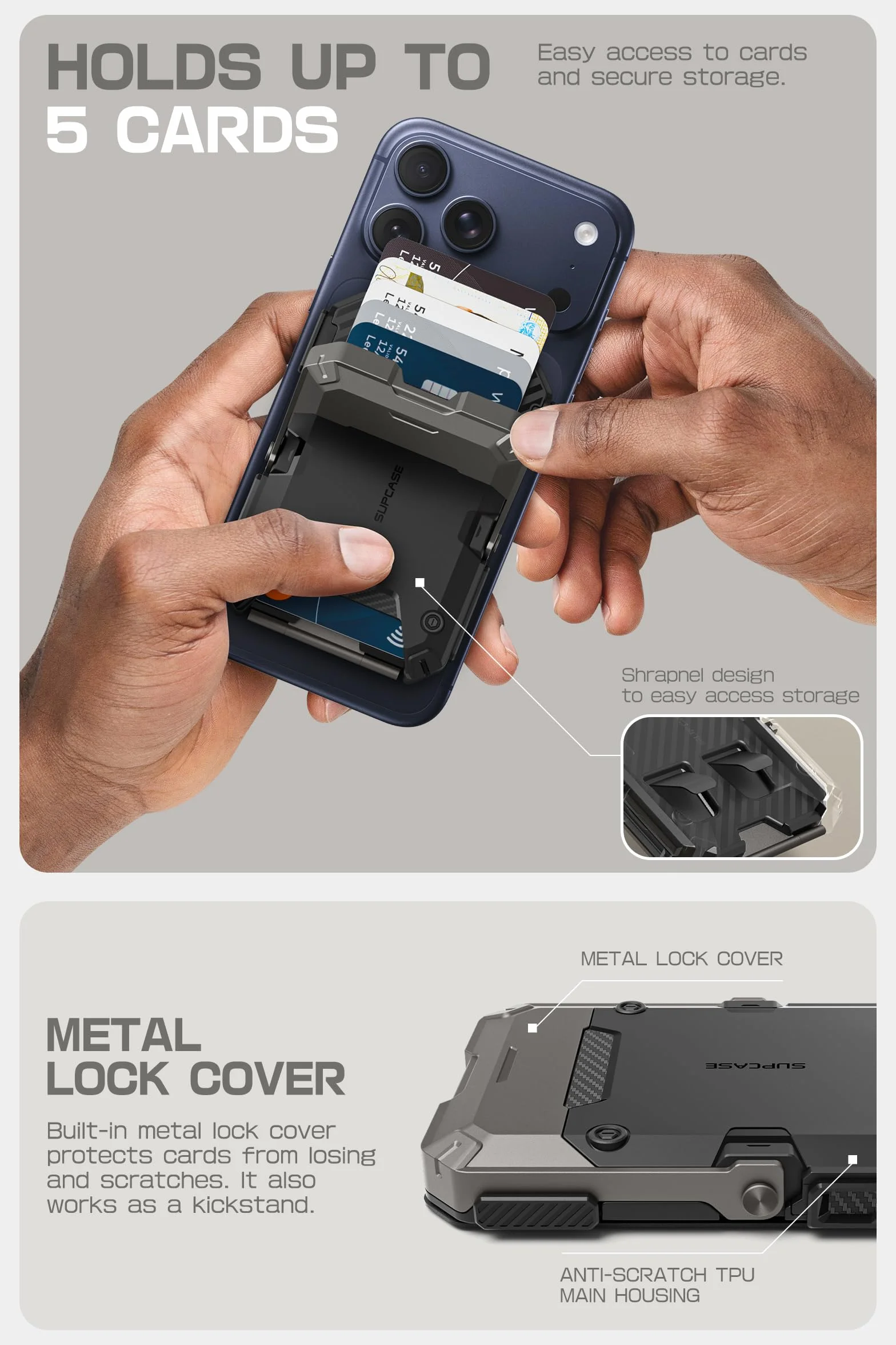 SUPCASE MagSafe portfel ze stojakiem, magnetyczny portfel dla mężczyzn, [mieści 5 kart] [regulowany stojak] [blokowanie RFID] uchwyt na karty kredytowe do telefonu iPhone 17/16/15/14/13/12, czarny