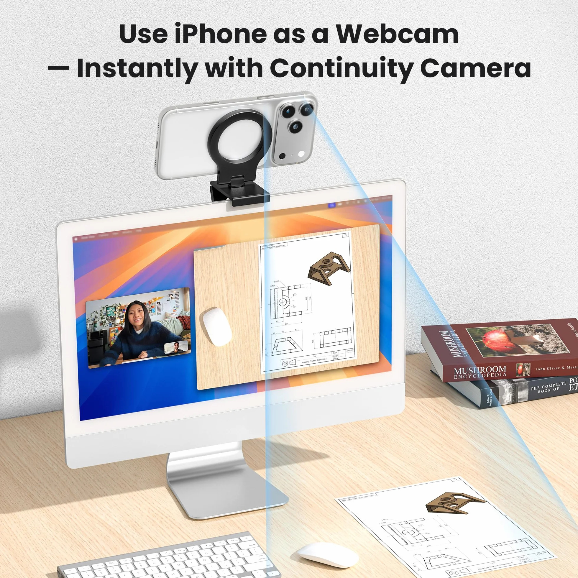 Itramax Uchwyt Continuity Camera Do Monitora,Składany Przenośny Uchwyt Webcam 360° Do Ekranu Biurkowego for MagSafe iPhone 17 Pro/15/14/13/12/11/XS,iOS 16,iMac I MacBook macOS Ventura,Laptop,Apple TV