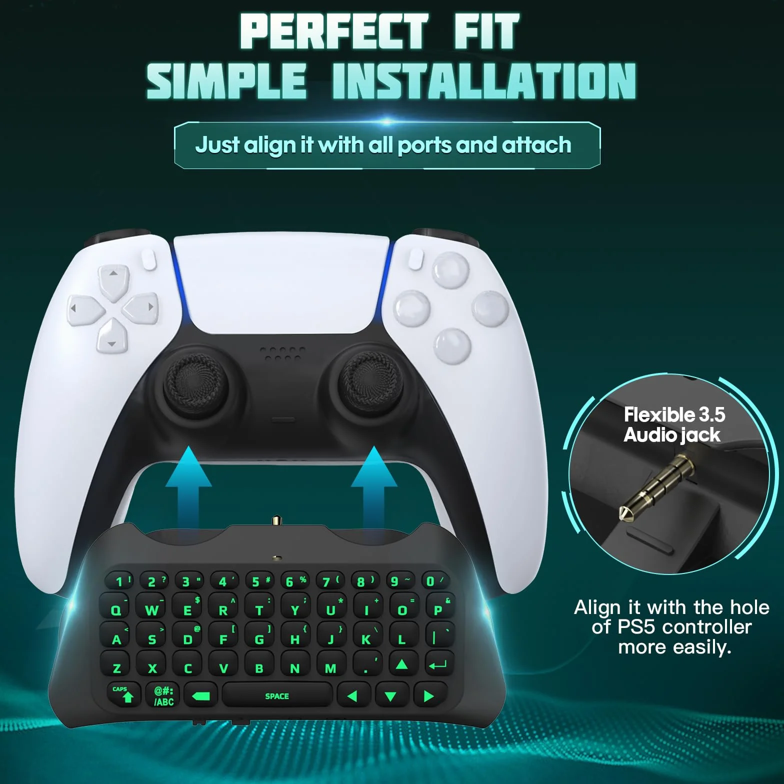 TiMOVO Green Backlight Keyboard for PS5 Controller, Wireless Bluetooth Keypad Chatpad for Playstation 5 Controller, Mini Game Keyboard Built-in Speaker with 3.5mm Audio Jack for Messaging, Black