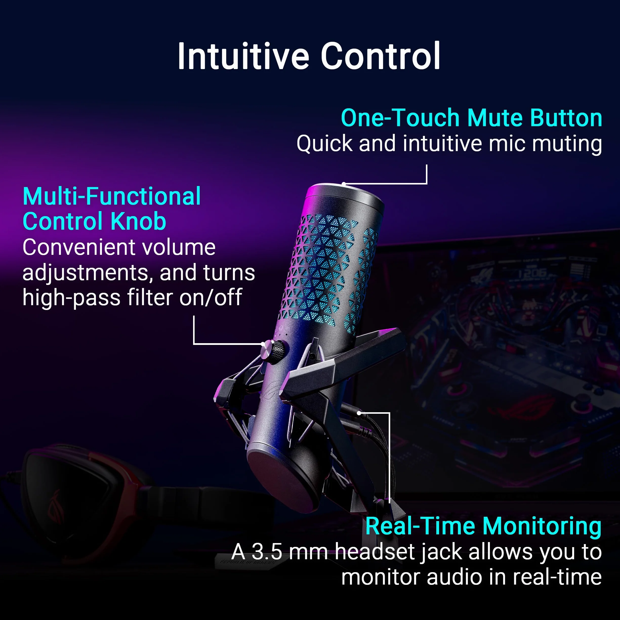 ASUS ROG Carnyx RGB mikrofon kondensatorowy do gier, streamingu i podcastów, kapsuła kondensatora 25 mm, częstotliwość próbkowania 192 kHz / 24-bitowa, filtr górnoprzepustowy, filtr pop, metalowy