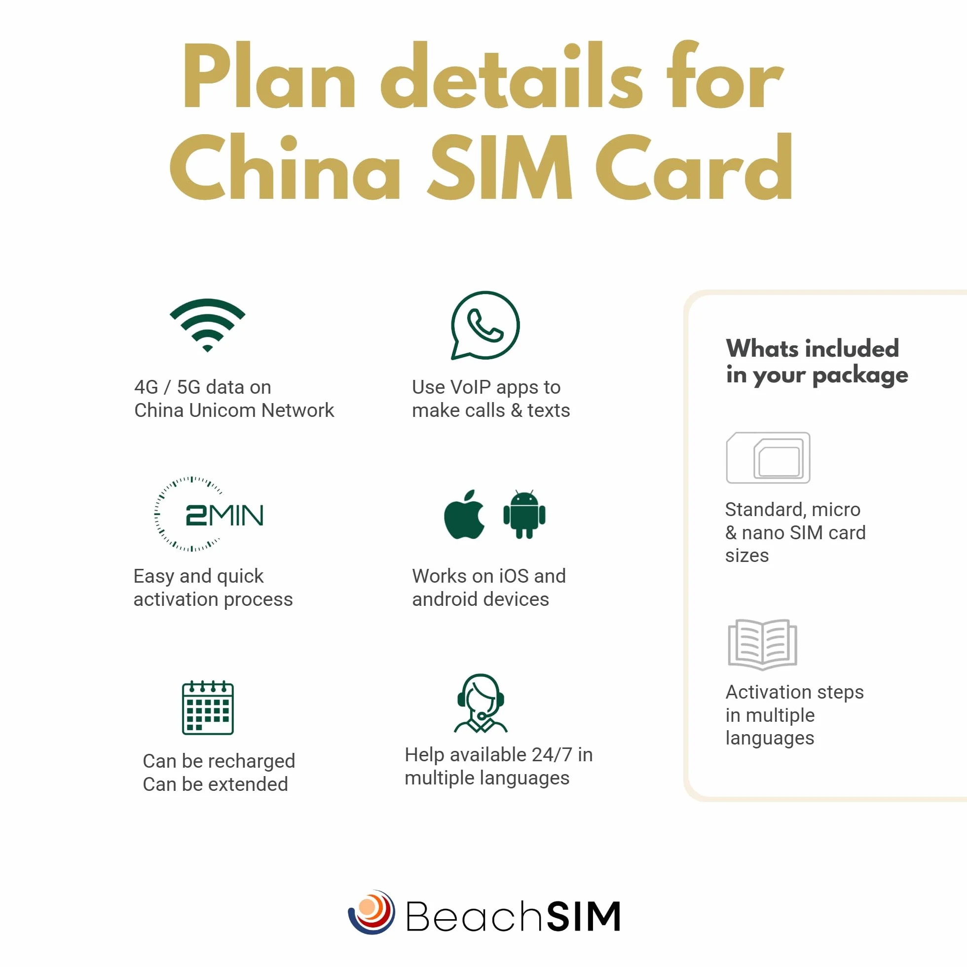 Karta SIM China 10 GB na 30 dni. Nieograniczony dostęp do internetu dla Google i WhatsApp; bez VPN. Sieć 4G/5G. Tylko do transmisji danych. Działa na urządzeniach z systemem iOS i Android.