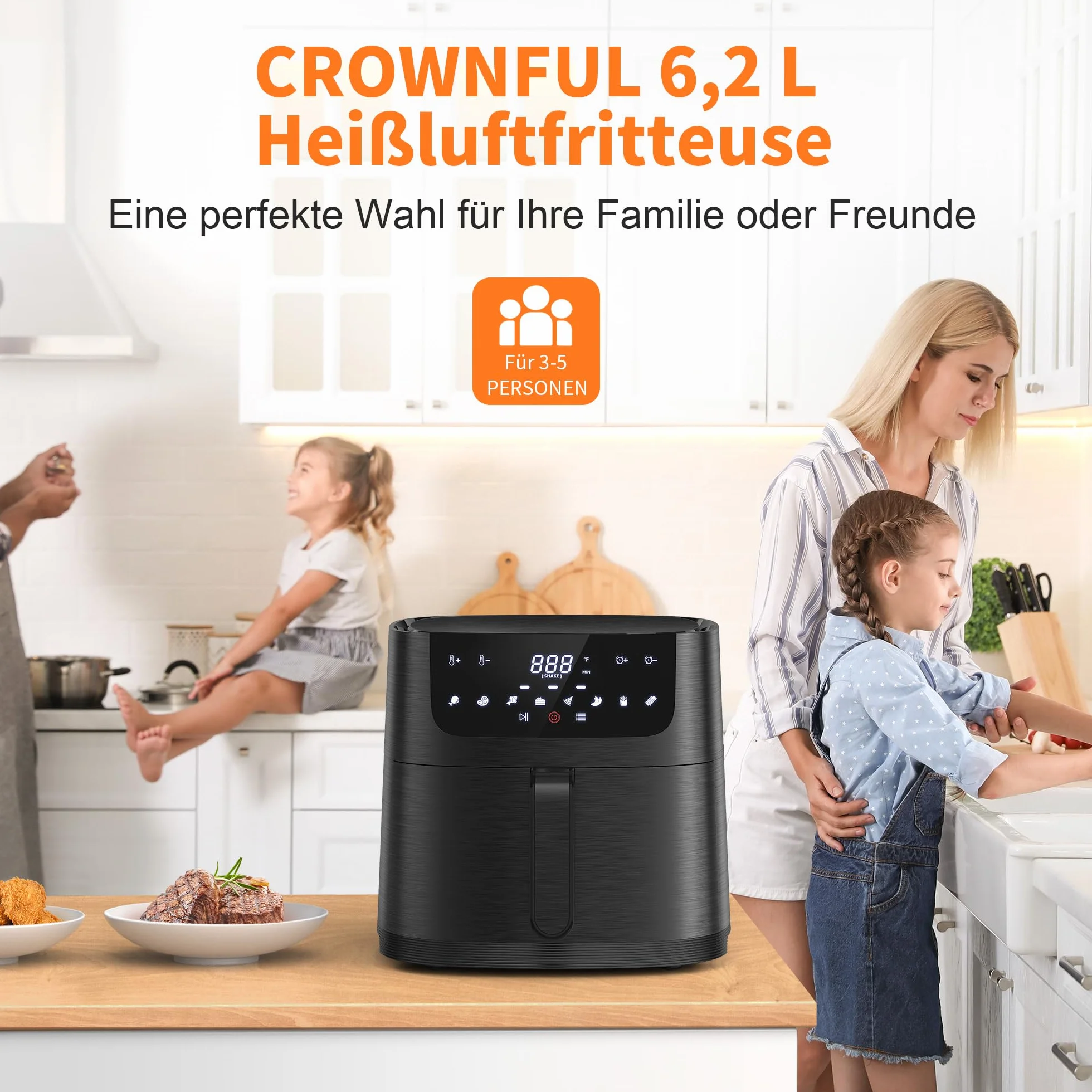 CROWNFUL Frytkownica pneumatyczna 8 w 1, bezolejowa elektryczna 6,2 l z ekranem dotykowym LCD i 8 ustawień wstępnych, precyzyjna regulacja temperatury, kosz nieprzywierający, 1500 W