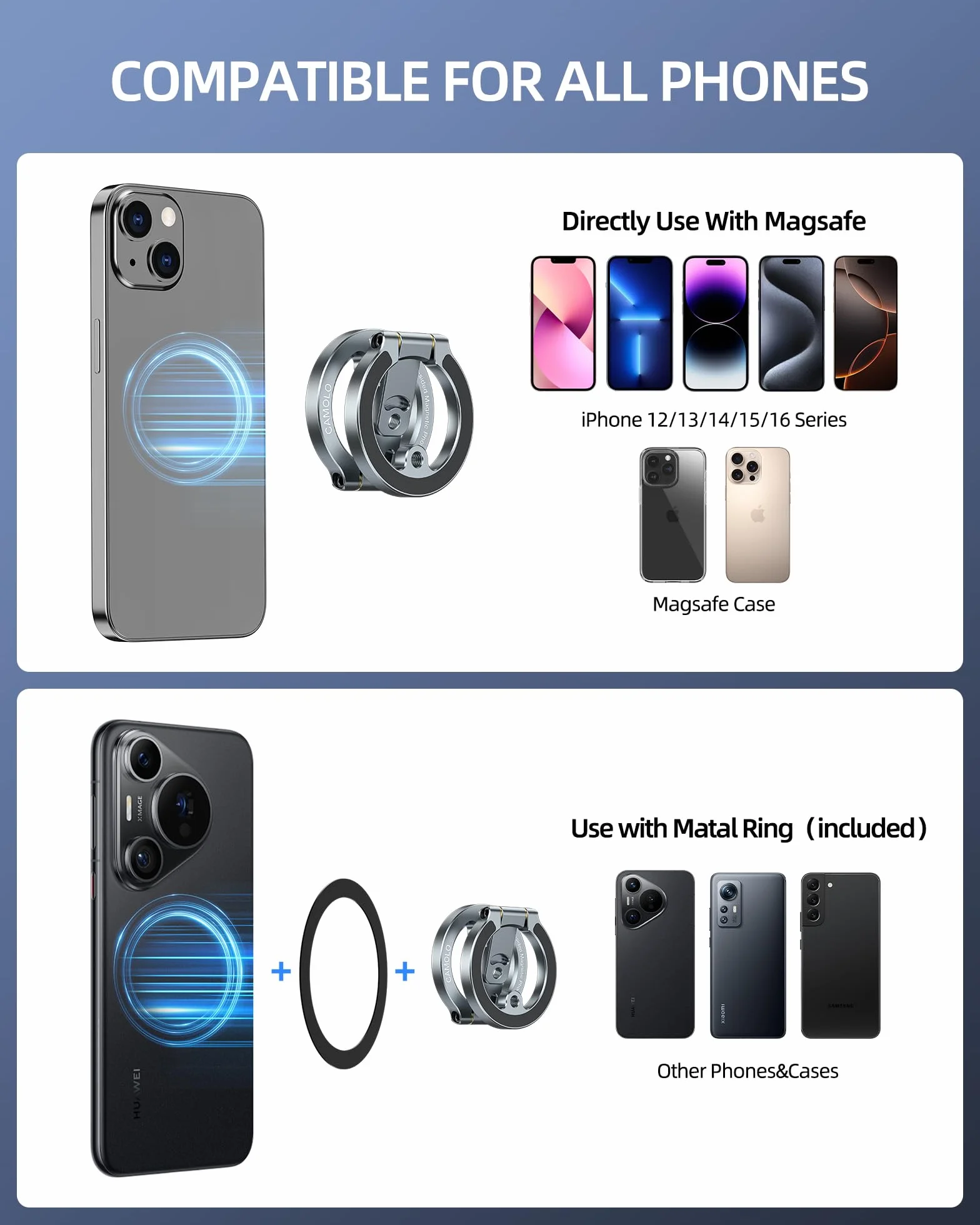 Podwójny magnetyczny uchwyt na telefon, składany stojak na telefon, uchwyt na telefon z otworem na śrubę 1/4 cala na statyw, samochód, siłownię, podróż, kompatybilny z iPhone 16, 15, 14, 13, 12 Pro