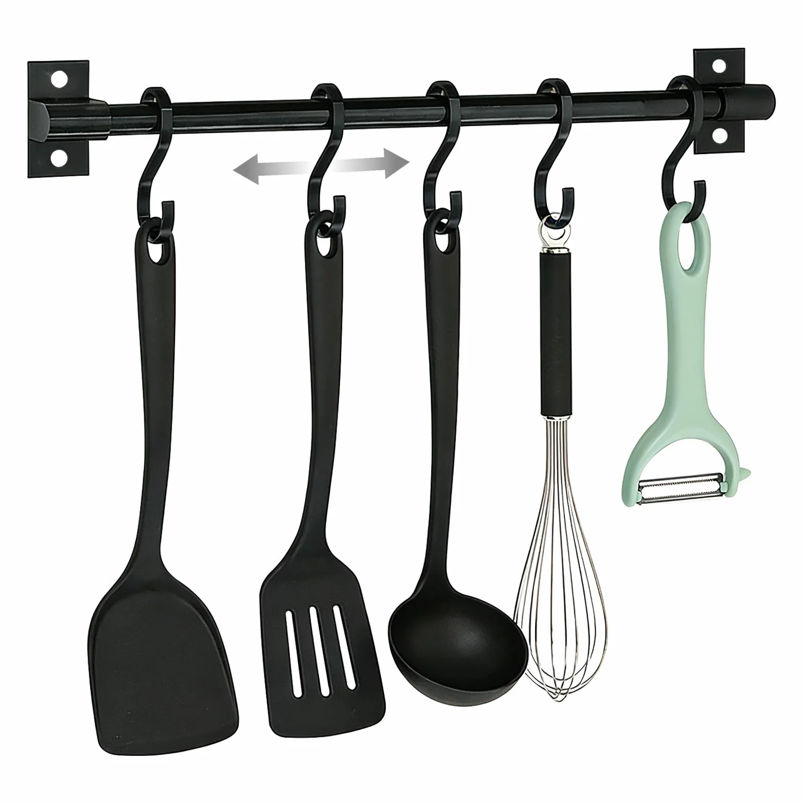 Listwa z haczykami do kuchni, bez wiercenia, czarna, 30 cm, uchwyt kuchenny, ścienny z 5 haczykami, samoprzylepna, listwa wisząca, do łazienki, regulowany wieszak na ubrania, aluminiowy do