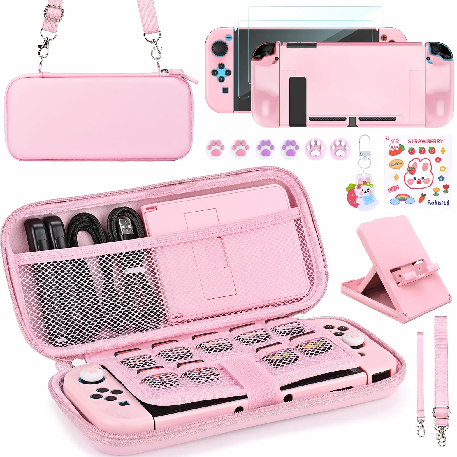Younik Zestaw akcesoriów do przełączników, różowy zestaw akcesoriów do przełączników 15 w 1 dla dziewcząt, zawiera etui do przenoszenia z 9 przegródkami na karty do gier, regulowany stojak, etui