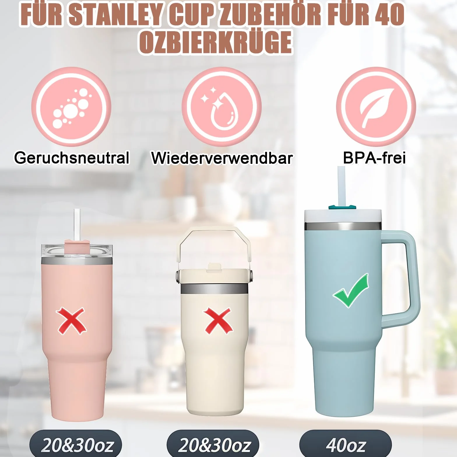 Stanley akcesoria do kubków, 3 pokrywki słomki, 1 silikonowy pokrowiec, 2 zatyczki silikonowe, 2 słomki, 1 słomka, szczoteczka do czyszczenia