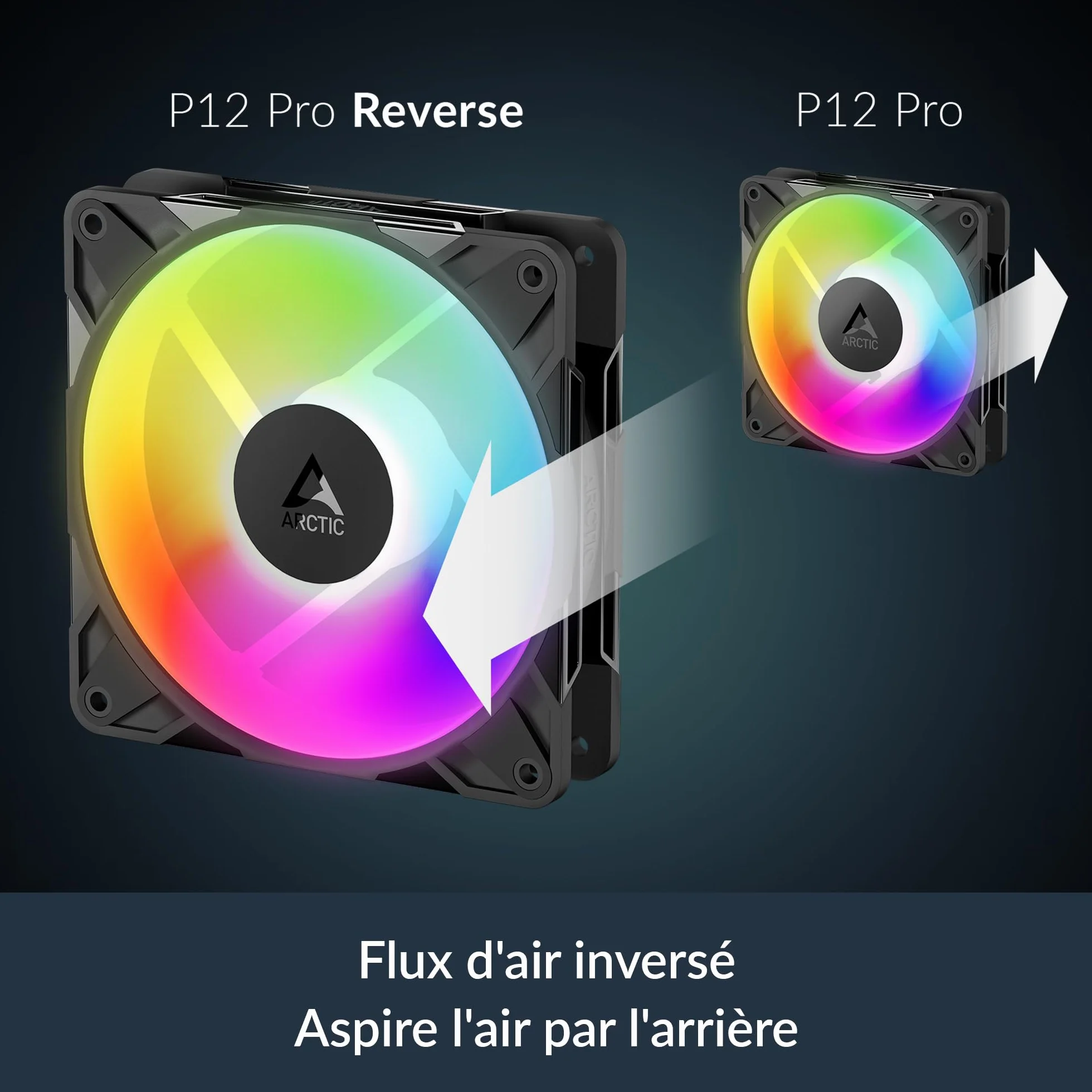 ARCTIC P12 Pro Reverse A-RGB – 120 mm Najwyższej jakości wentylator rewersyjny z rozdzielaczem, Wentylator PWM z rozgałęźnikiem kabla Y, 500-3000 rpm, 0 rpm <5% PWM, 5V D RGB, FDB, 4-Pin - Czarny