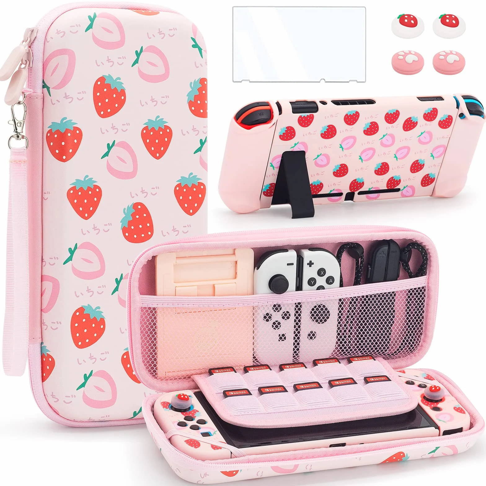 BRHE Switch pokrowiec Case etui do Nintendo Switch, akcesoria podróżne, torba do przenoszenia, zestaw z torbą do gry i 2 nakładkami na kciuki (różowe)