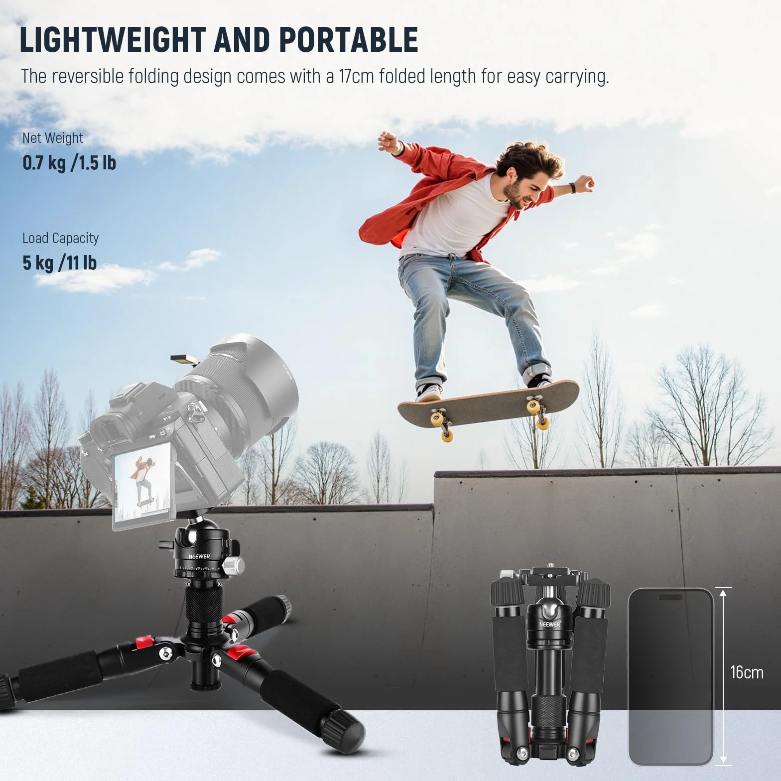 Neewer Przenośny mini statyw biurkowy - stop aluminium 20"/50 cm z głowicą kulową 360 stopni, płyta szybkiego obuwia do kamery wideo DSLR, obciążenie do 11 funtów / 5 kg