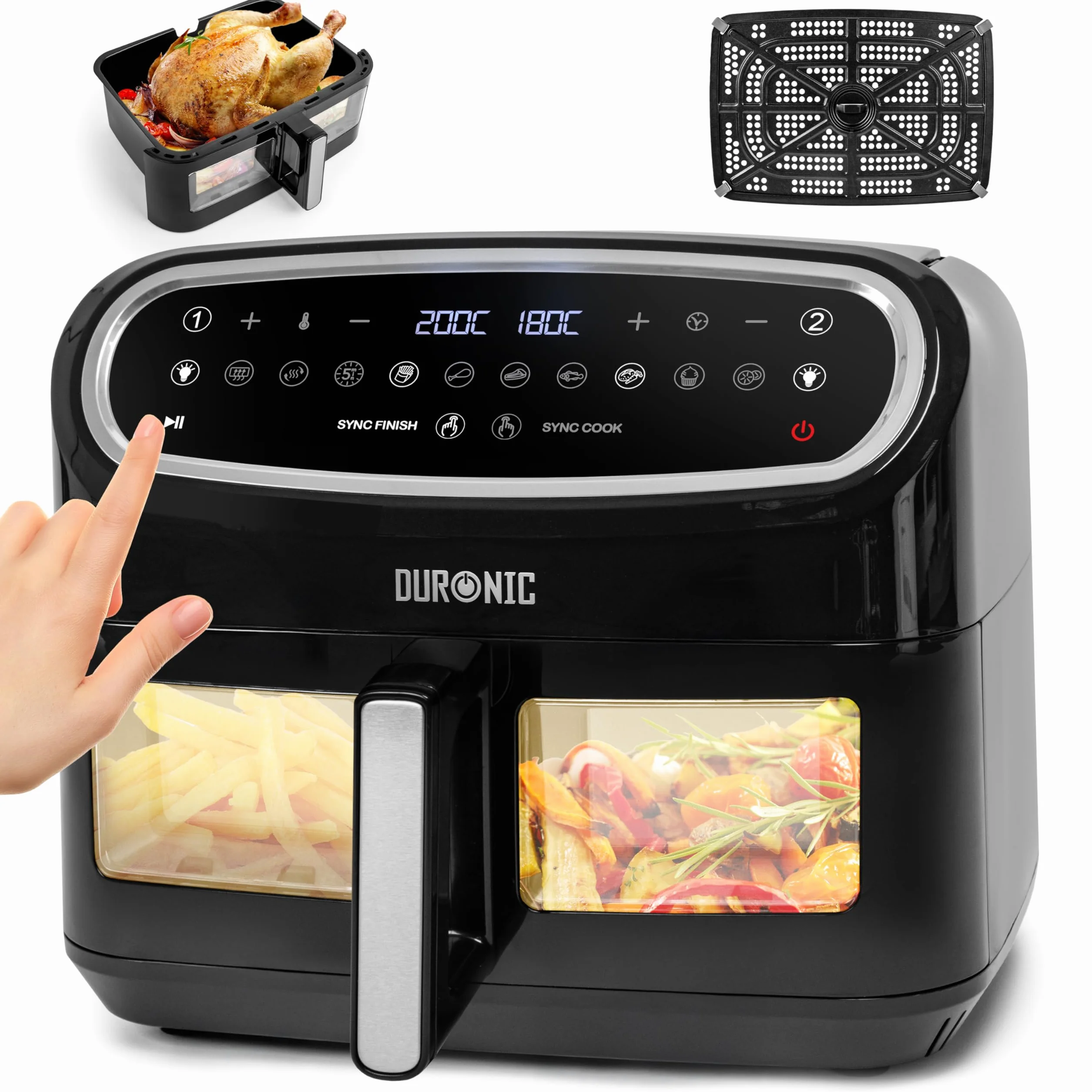 Duronic AF14 BK Airfryer XXL z dużą komora 10l l | frytkownica beztłuszczowa na gorące powietrze wielofunkcyjna podwójna