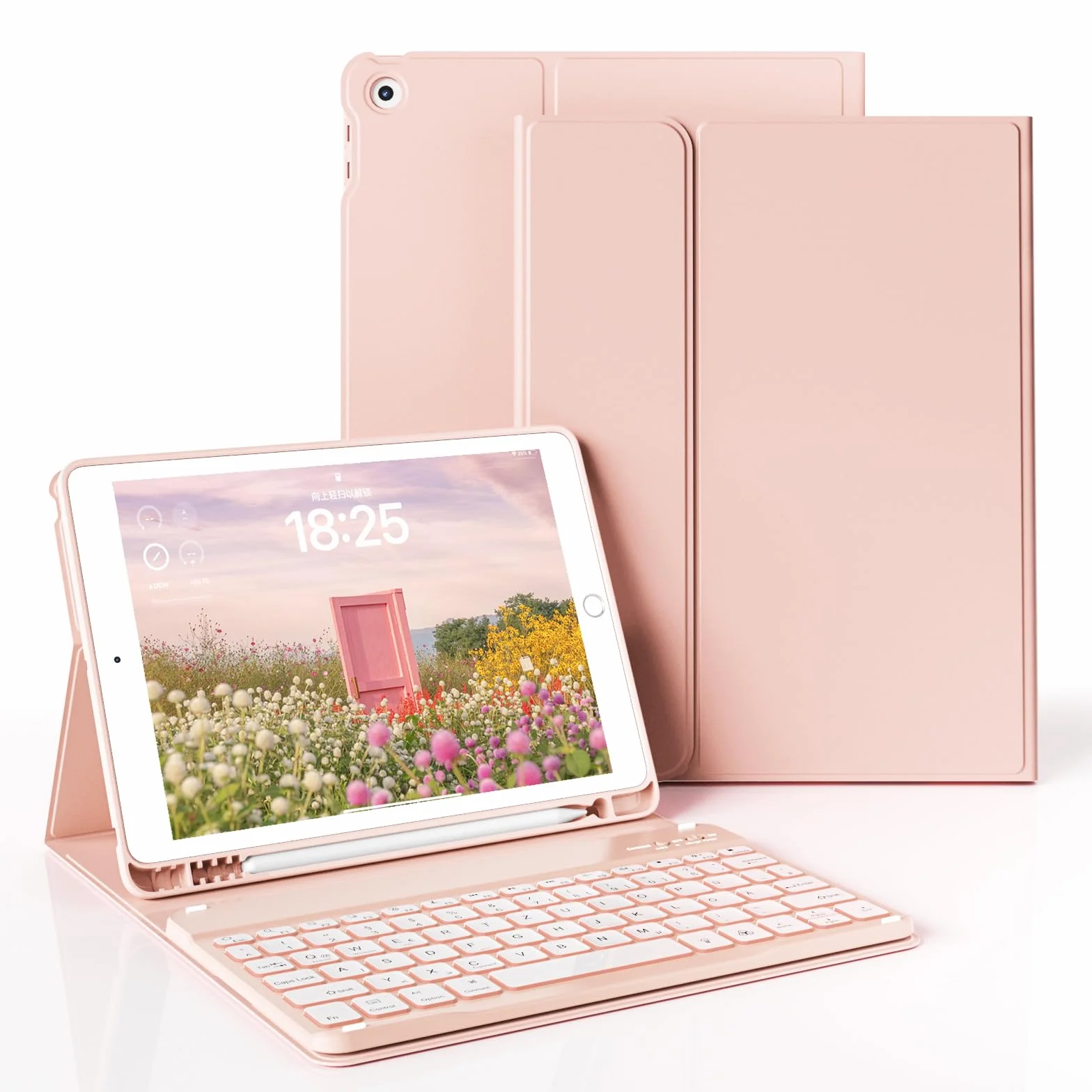 JKSML Etui na klawiaturę do iPada 9./8./7. generacji (2021/2020/2019) z uchwytem na rysik, miękkie etui ochronne z TPU, zdejmowana klawiatura Bluetooth QWERTZ do iPada 10,2 cala (różowe)