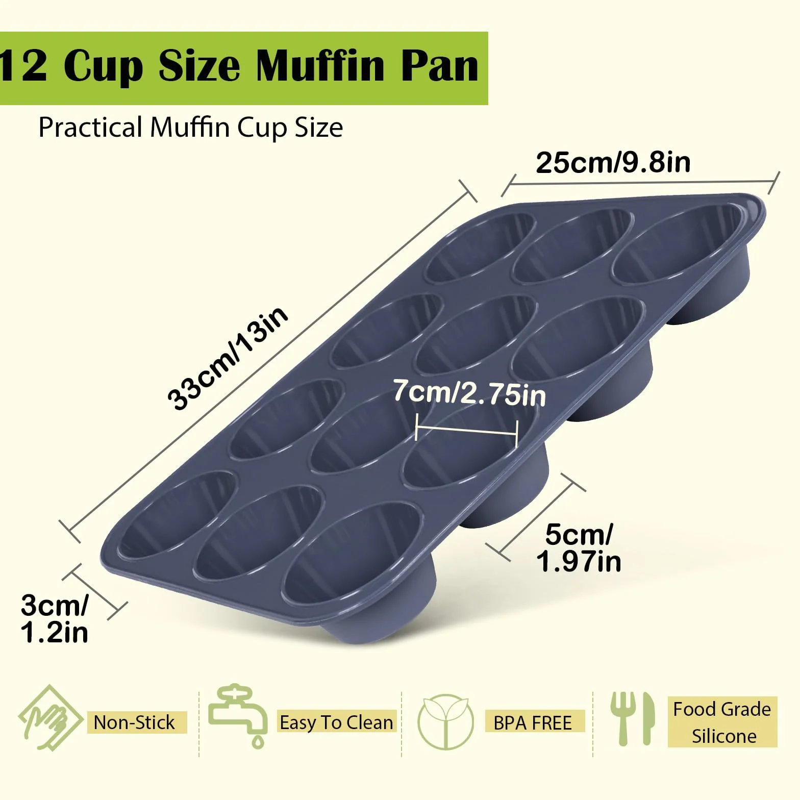 SUPER KITCHEN Silikonowa Forma na 12 Muffinek i Babeczki, Nieprzywierająca do Pieczenia Budyniu Yorkshire, Wielokrotnego Użytku, 33x25x3cm (Szara)