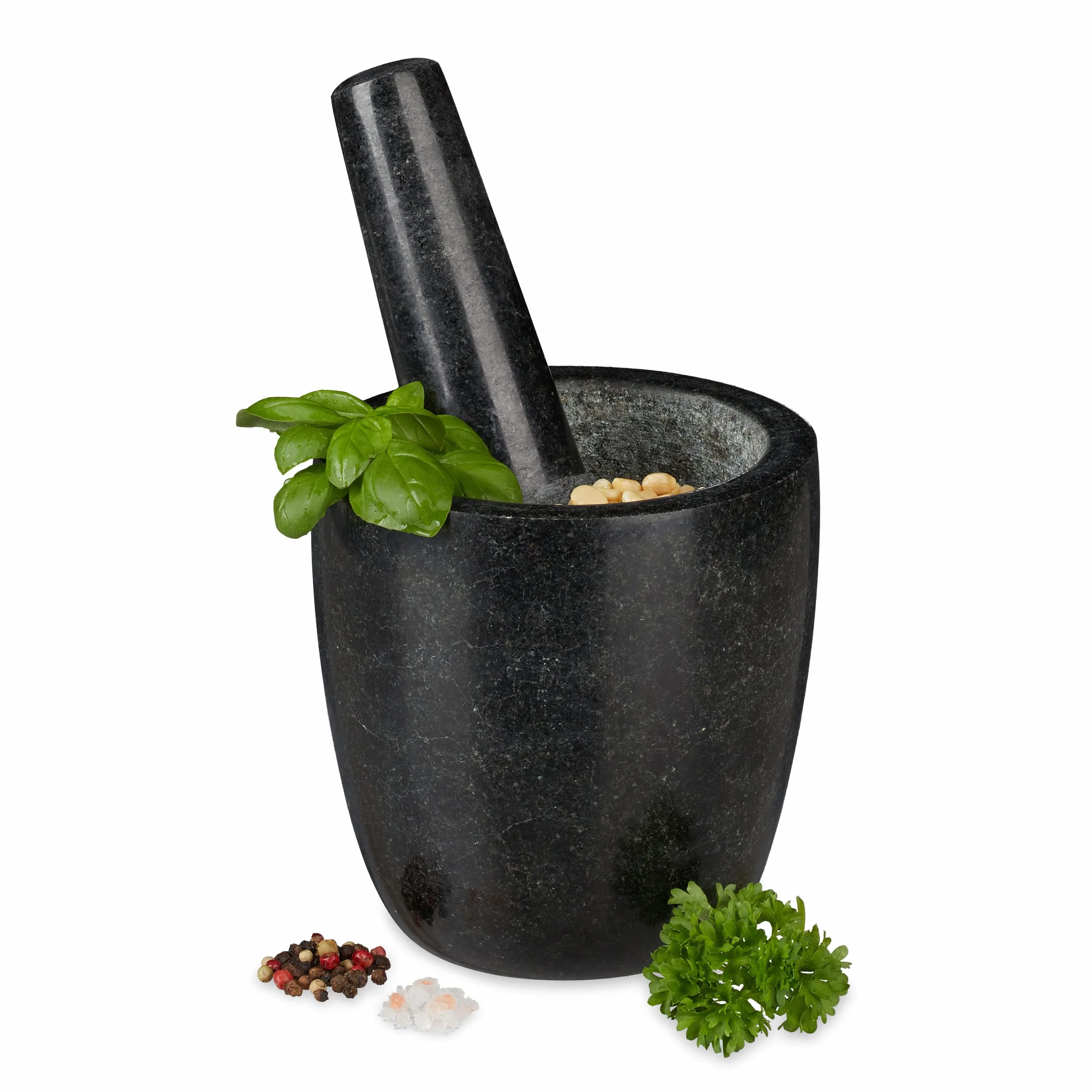 Relaxdays Moździerz granitowy z tłuczkiem Ø 13 cm 500 ml czarny