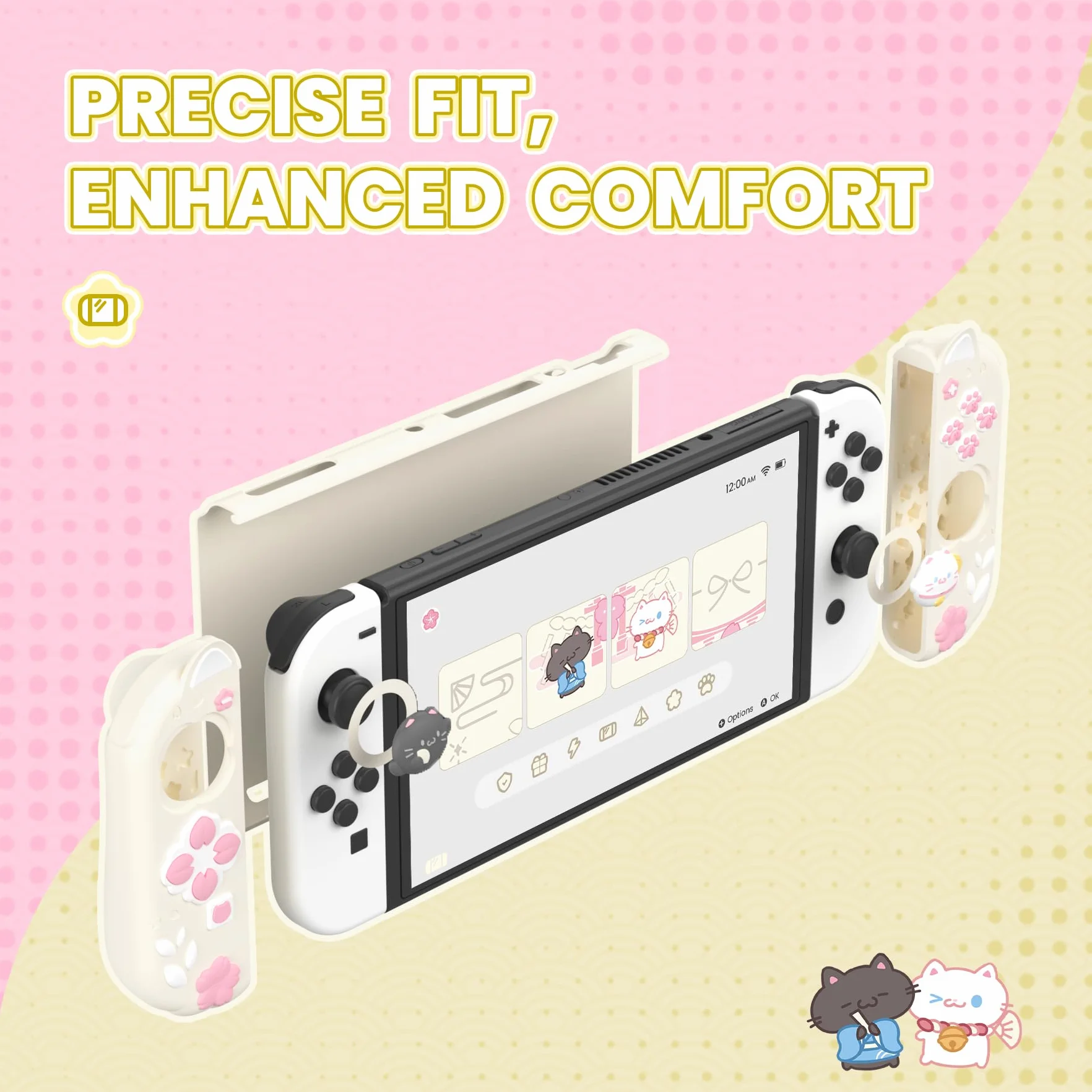 PlayVital Etui Ochronne do Switch OLED z Podpórką & Nakładkami na Joysticki,Twarda Obudowa Kompatybilna z Switch OLED Dockiem i Silikonowy Grip do Joyconów – Antyczna Żółć, Kotek & Kwiaty Wiśni