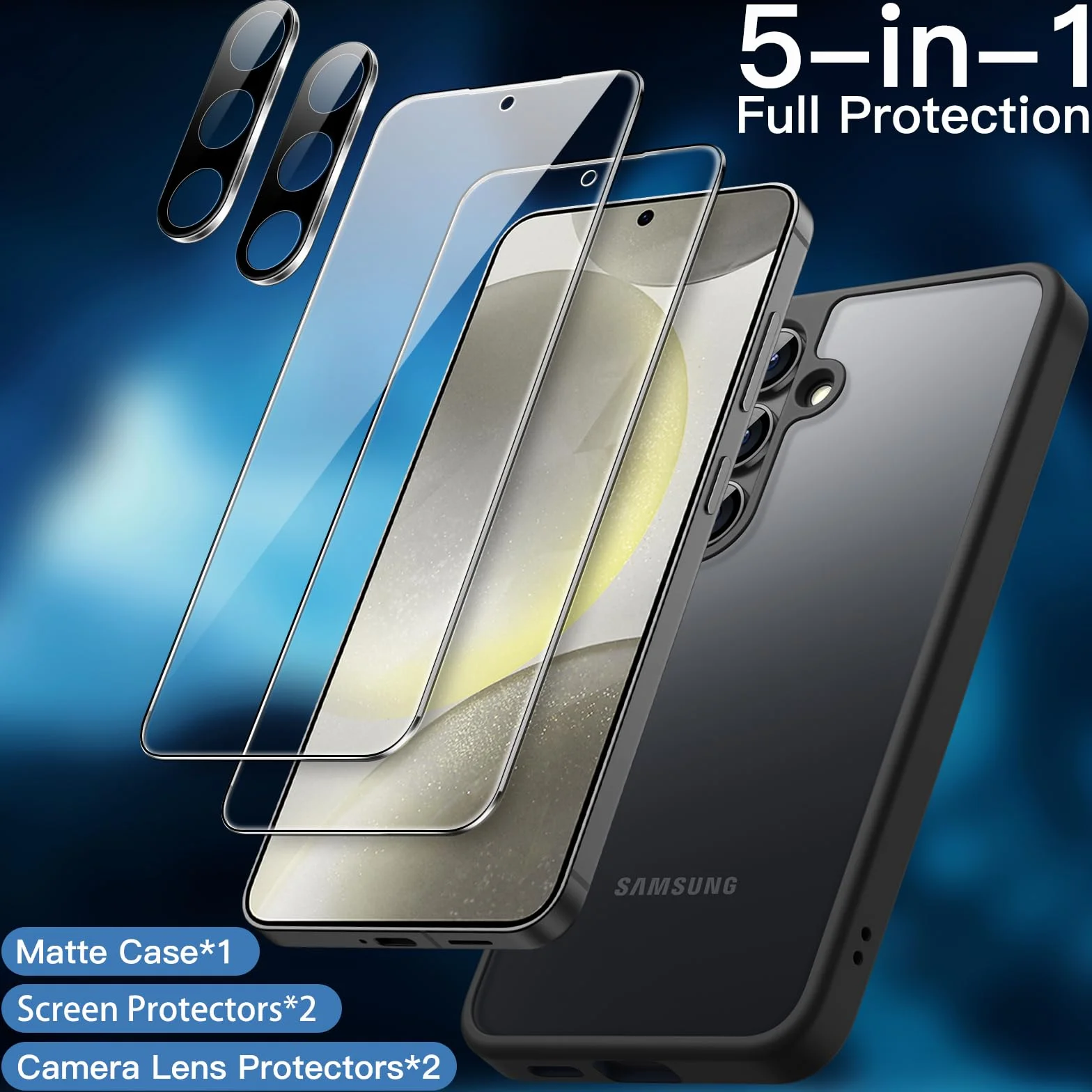 JETech 5 w 1 Etui Matowe dla Samsung Galaxy S24 5G z 2 Sztuki Ochraniacz Ekranu i Osłona Obiektywu Aparatu, Półprzezroczysta Tylna Ochronna Osłona, Szkło Hartowane Film (Czarny)