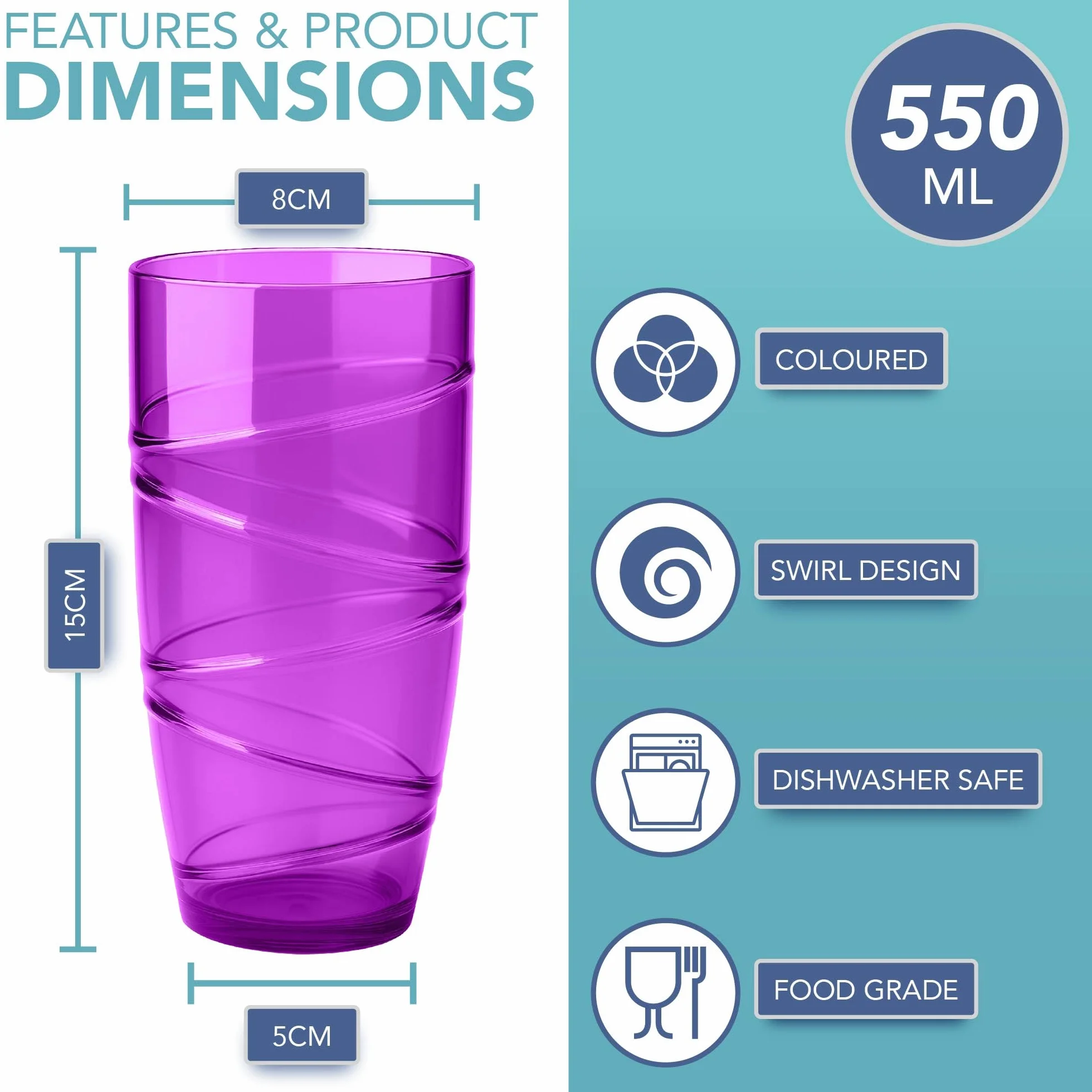 HEFTMAN Zestaw plastikowych szklanek 12–550 ml, akrylowe z motywem wirowym