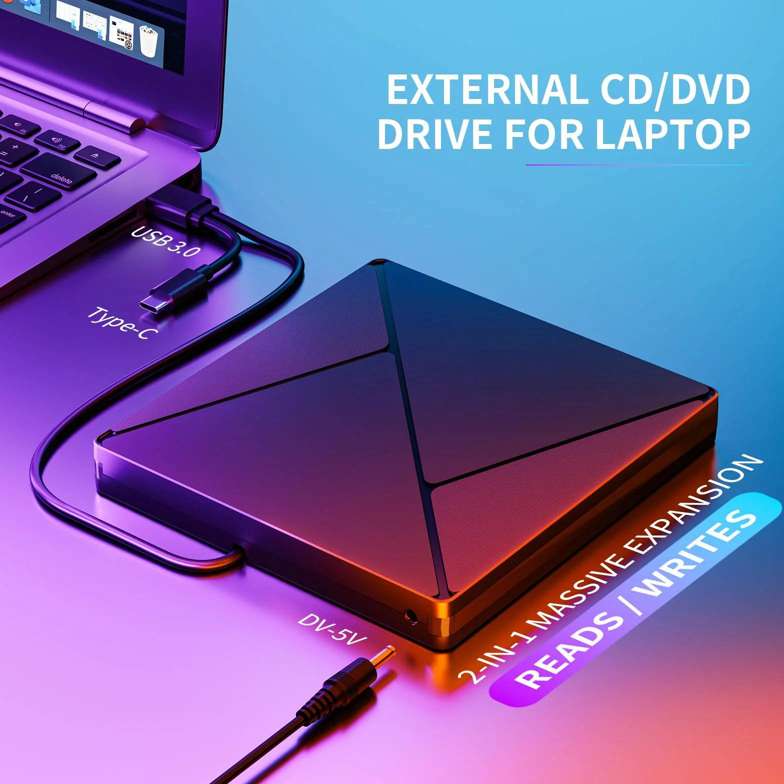 BHHB Zewnętrzny odtwarzacz CD DVD DVD Napęd zewnętrzny z USB 3.0 i USB-C, Napędy przenośne CD/DVD /-RW/ROM stabilny dla PC/laptopów/Windows 11/10/8/7/XP/Vista/Linux/MacOS