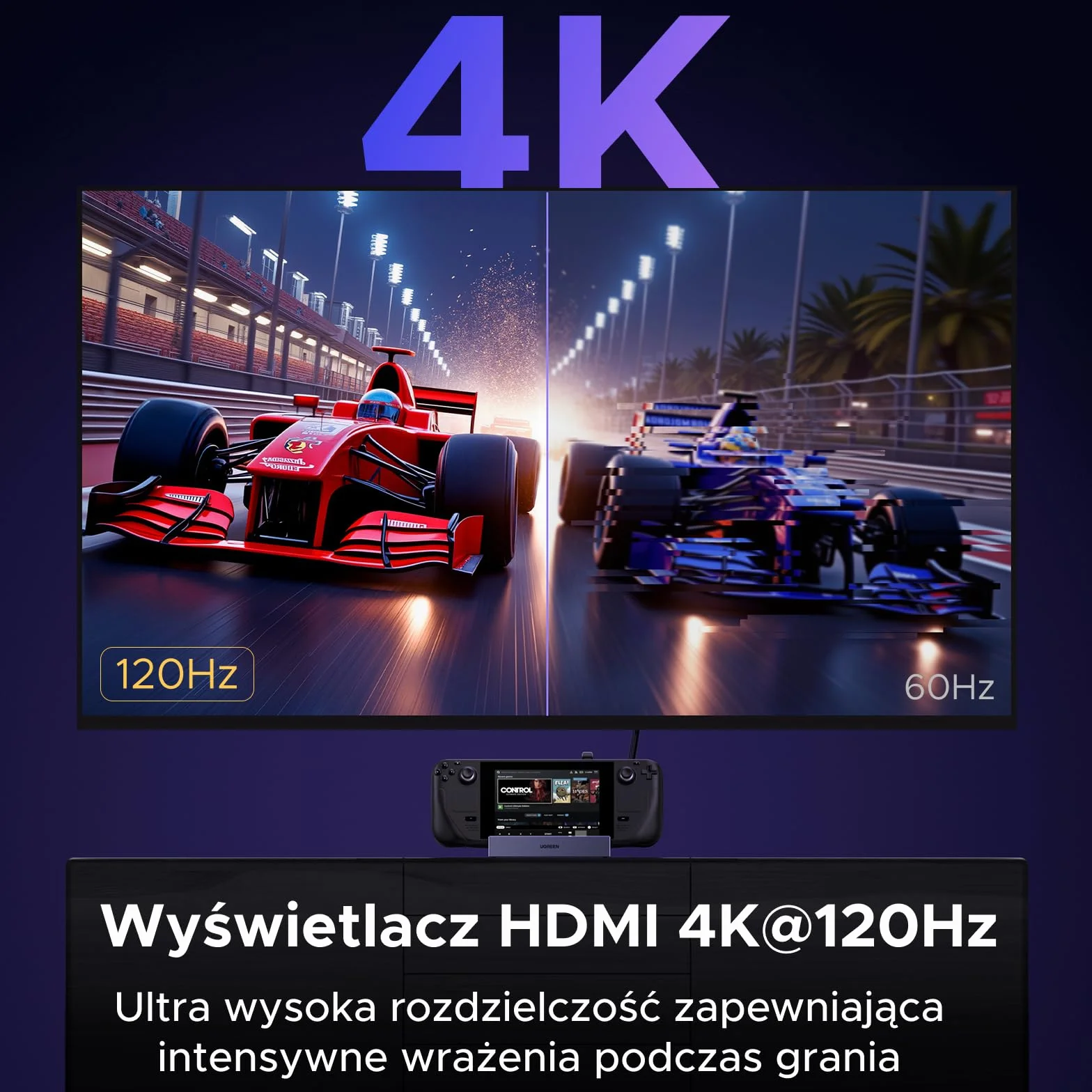 Stacja dokująca UGREEN Steam Deck z HDMI 4K@120Hz, regulowana, z portami USB A 5 Gb/s i USB C 3.0, ładowaniem PD 100 W, Ethernetem 1 Gb/s, kompatybilna ze Steam Deck, ROG Ally, Legion Go i innymi