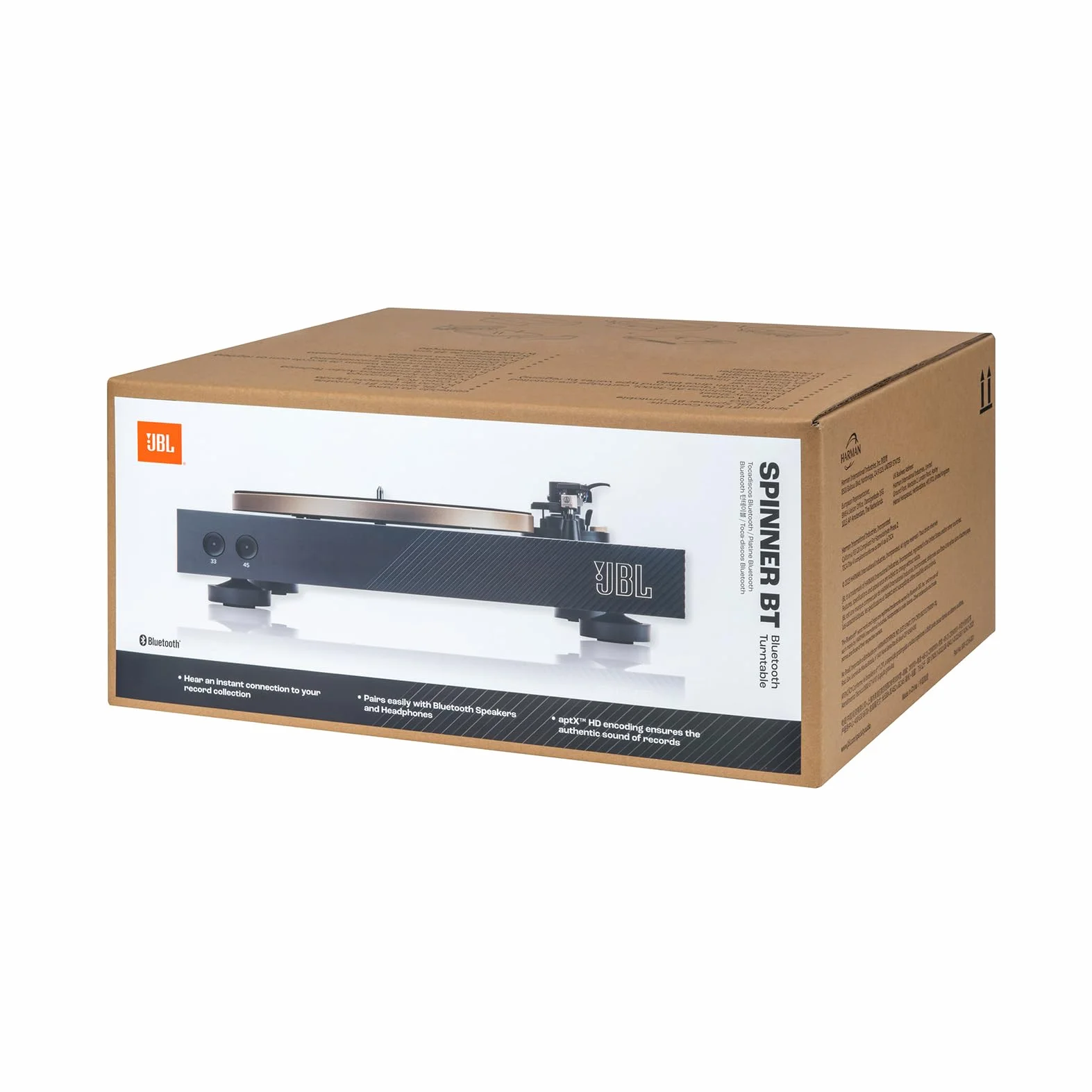 JBL Spinner BT, Gramofon Bluetooth z AptX-HD, Odłączana Głowica, Aluminiowy Talerz Obrotowy i Napęd Pasowy, Wkładka Magnetyczna, Kolor Czarny i Złoty