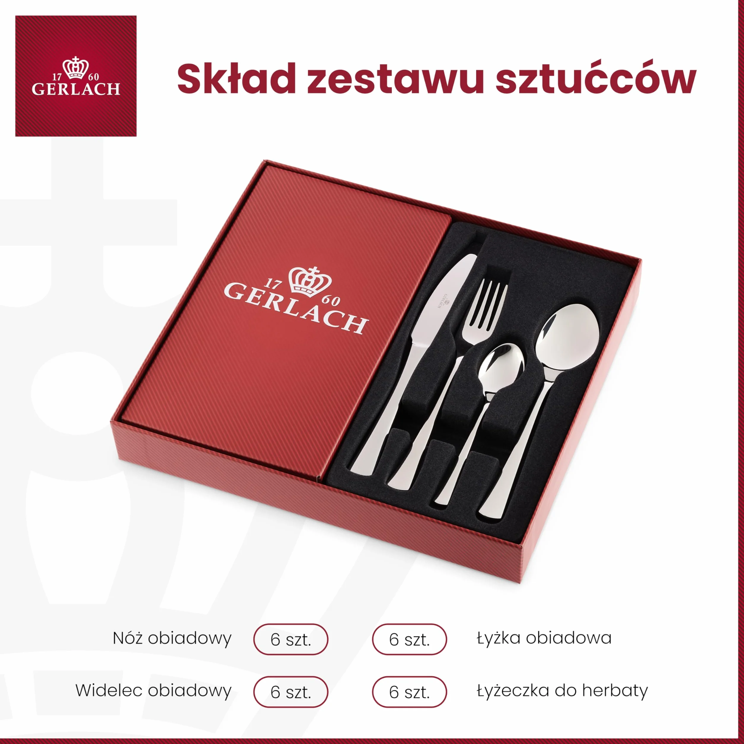 Gerlach 1760 Zestaw sztućców - 24 szt - Stal nierdzewna 18/0 - Sztućce bez niklu - Do mycia w zmywarce - Tune