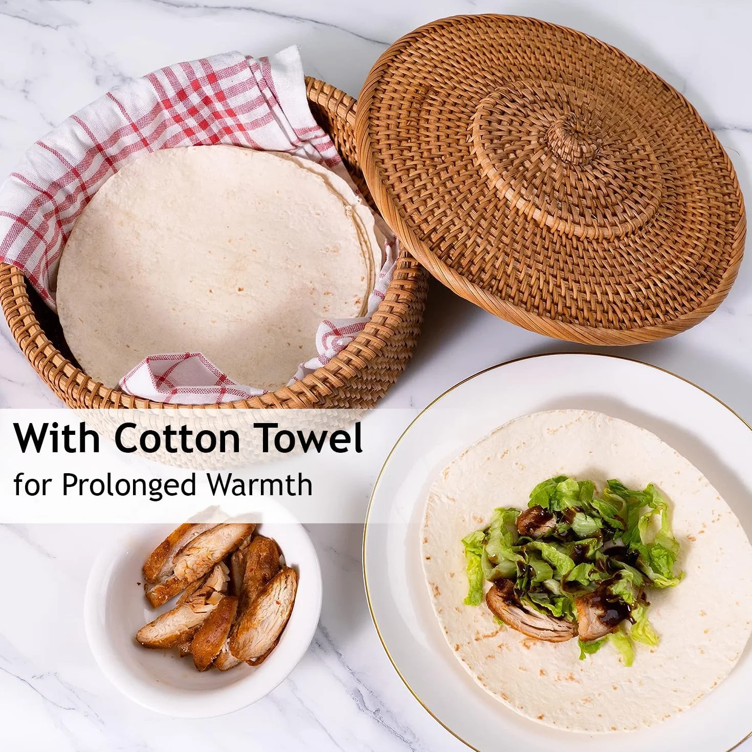 Tortillada Podgrzewacz Tortilli 26 cm Rattan Ręcznie Wykonany Kosz na Chleb z Bawełnianą Tkaniną Utrzymuje Ciepło