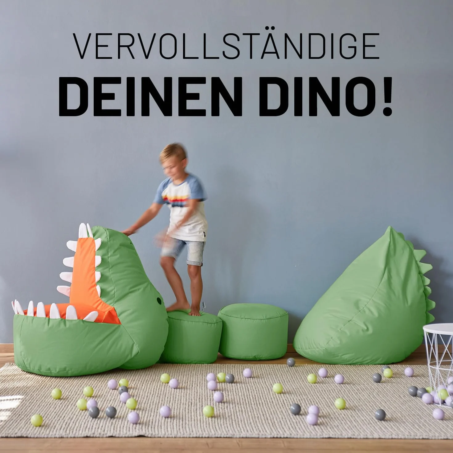 Lumaland Dino worek do siedzenia dla dzieci, rodzina zwierząt, wodoodporna pufa do użytku wewnątrz i na zewnątrz, łatwy w pielęgnacji materiał, 90 x 90 x 70 cm, 4,1 kg, zielona