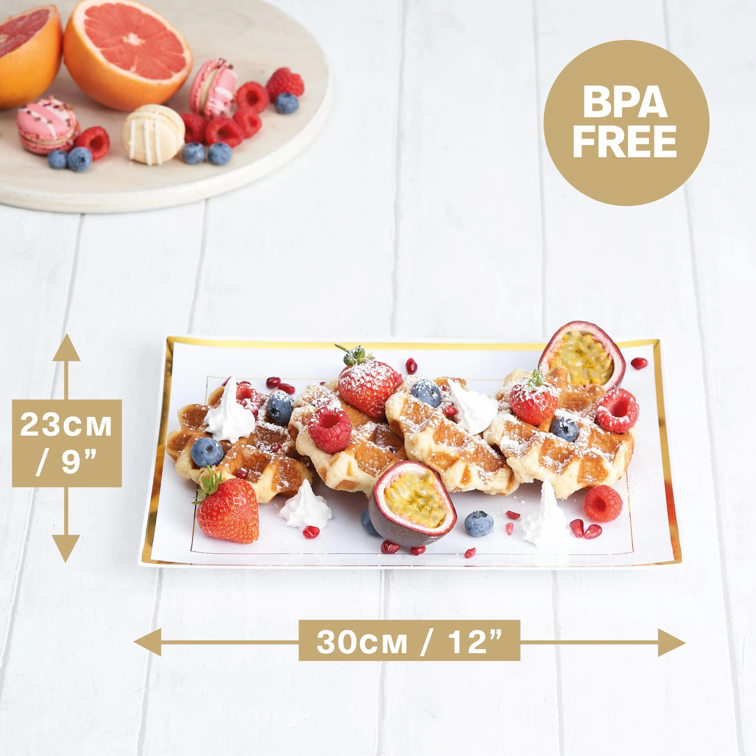 MATANA 6 białych plastikowych półmisek do serwowania 30 x 23 cm ze złotą obwódką