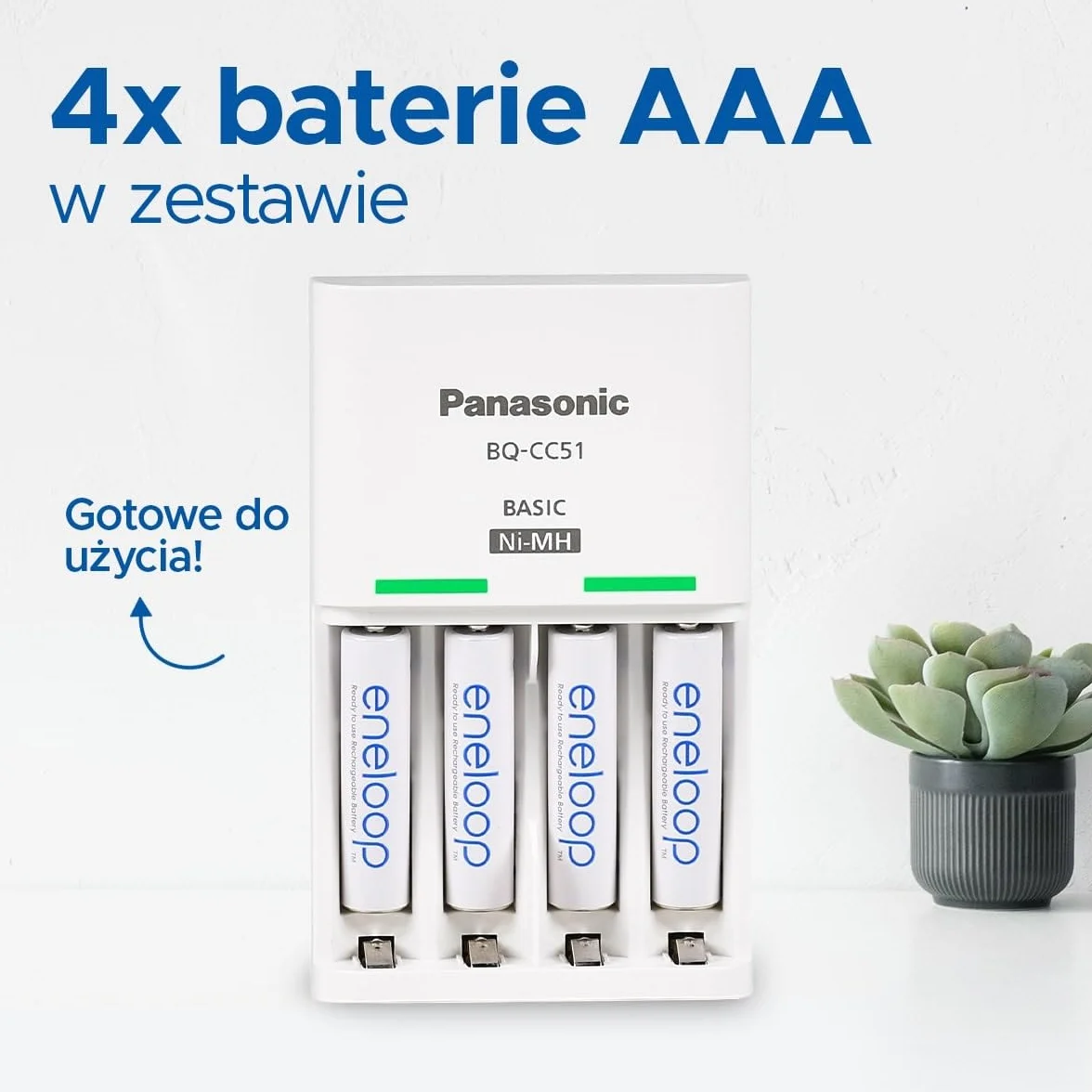 Panasonic eneloop BQ-CC51Cic eneloop Basic do 2 lub 4 akumulatorów AA/AAA Ni-MH z 2 wskaźnikami LED i 6 funkcjami bezpieczeństwa, w zestawie z 4 akumulatorami eneloop AAA/Micro, min. 800 mAh