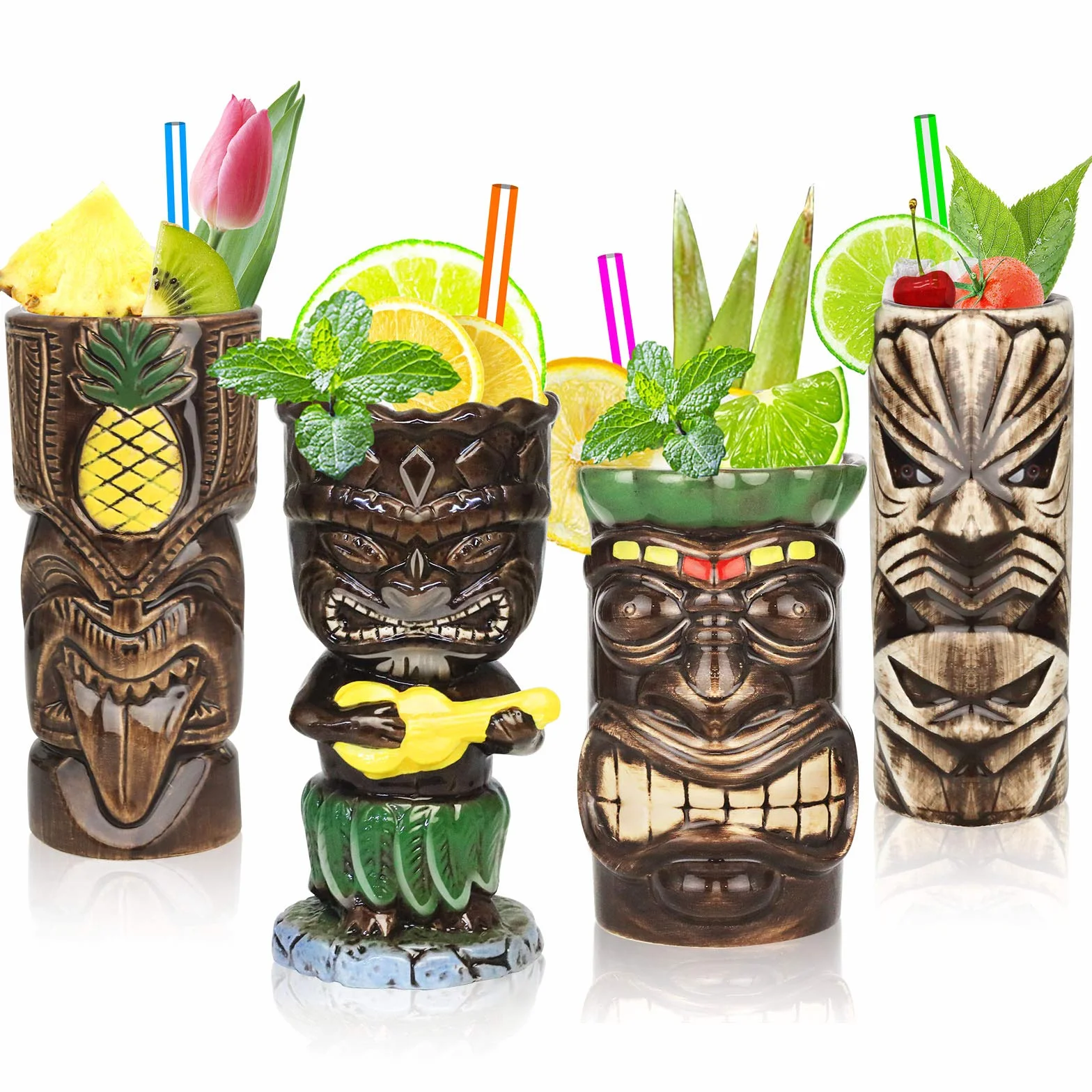 SuproBarware Tiki TJB02 TJB02 zestaw 4 ceramicznych kubków na imprezę hawajską, duże naczynia do picia, na koktajle, tropikalne kubki, napoje na egzotyczne przyjęcie, 4 szt