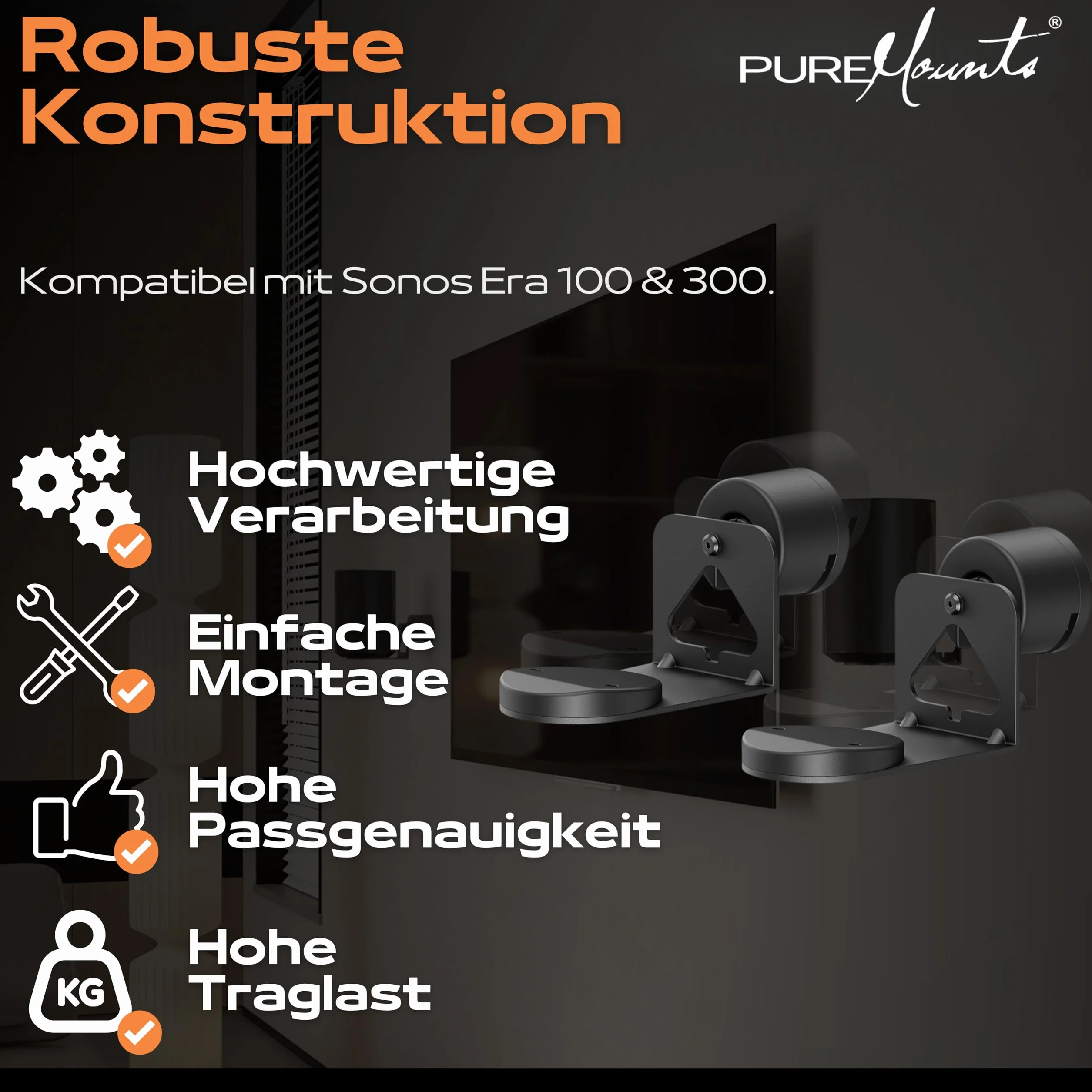 PureMounts Uchwyt głośnikowy do Sonos Era 100 i 300, uchwyt ścienny do głośników z systemem zarządzania kablami, obracany +/- 30°, przechylany 0/-30°, nośność 5 kg, biały
