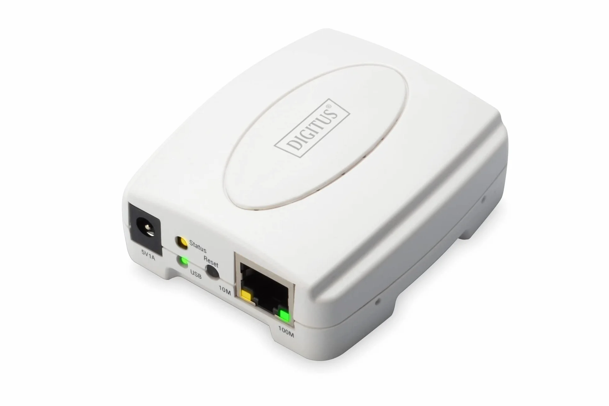 DIGITUS Fast Ethernet serwer druku z USB 2.0, 1 x RJ45, 1 x USB A, niezależny system operacyjny, serwer drukarek, kompatybilny z DHCP TCP/IP, łatwa instalacja, w zestawie zasilacz, biały