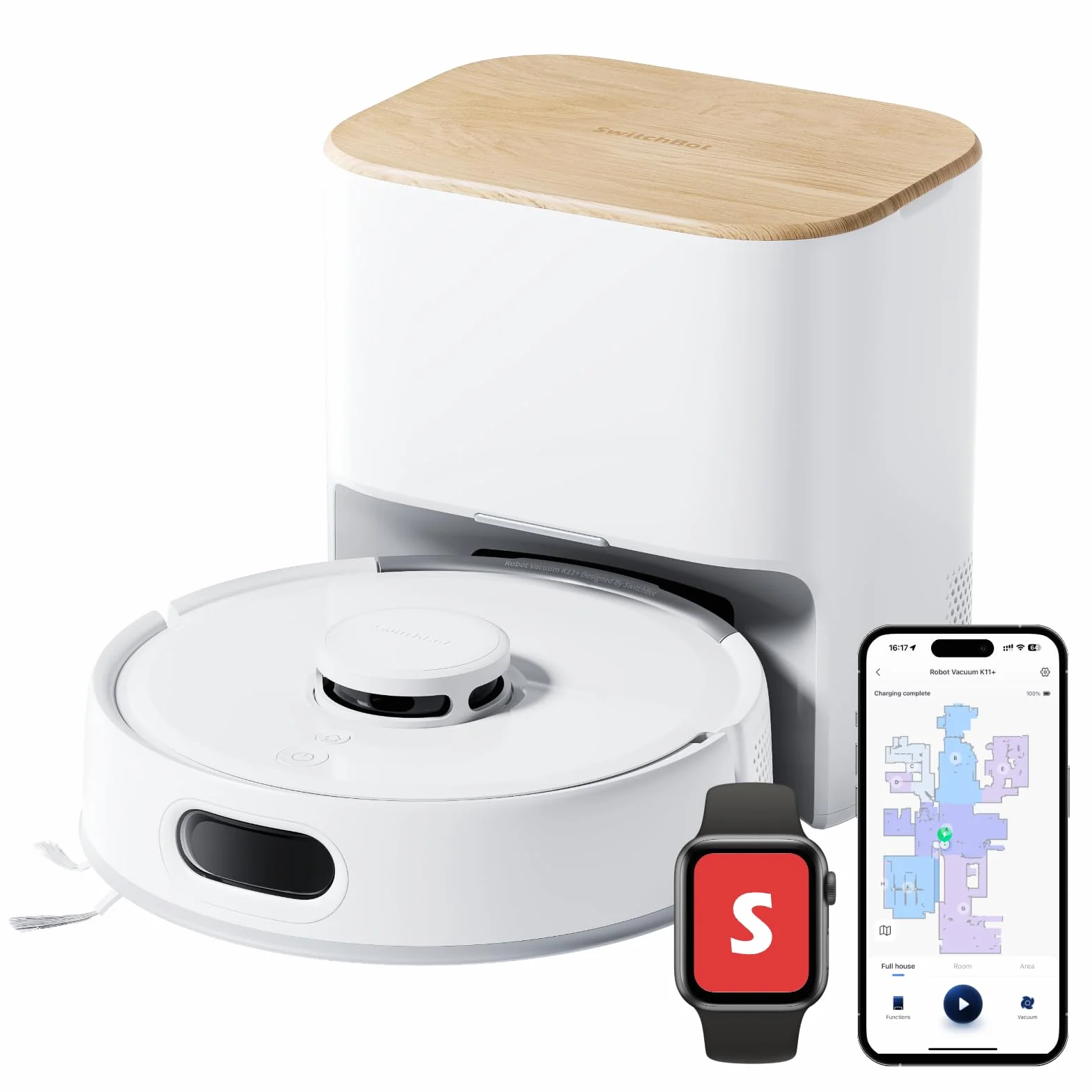 SwitchBot K11+ robot odkurzający z mopem, 6000 Pa, wydajne ssanie, 90-dniowe przechowywanie kurzu, samoopróżniające się inteligentne mapowanie LDS, smukła konstrukcja 9 cm, współpracuje z Apple Home