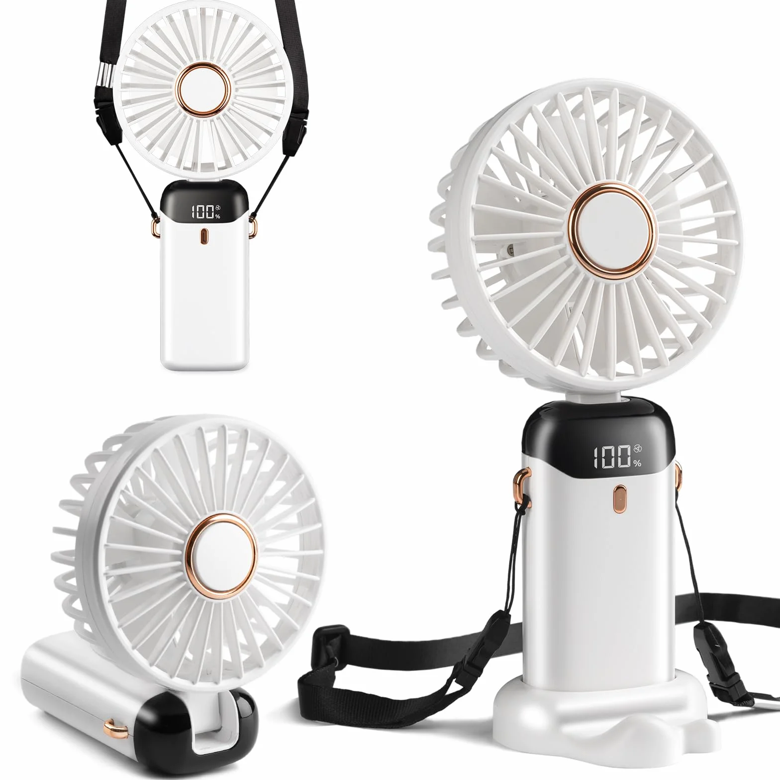 Przenośny mini wentylator typu C, 4000 mAh, zasilanie bateryjne z wyświetlaczem cyfrowym, składany pod kątem 90°, 5-biegowy wiatr, mały wentylator osobisty 3 w 1, mały wentylator