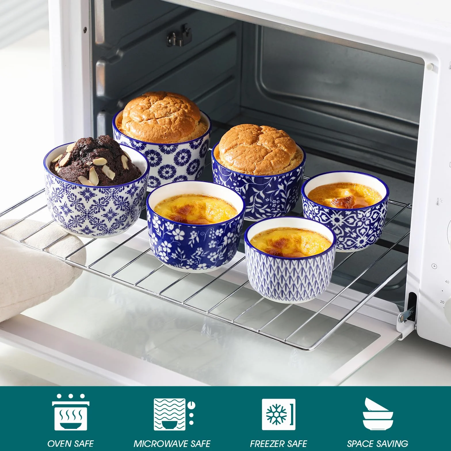 vancasso Selene ceramiczne Ramekins zestaw 6 misek do maczania, nadają się do kuchenki mikrofalowej i zmywarki, do pieczenia, na desery, ręcznie malowane niebiesko-białe kwiatowe wzory