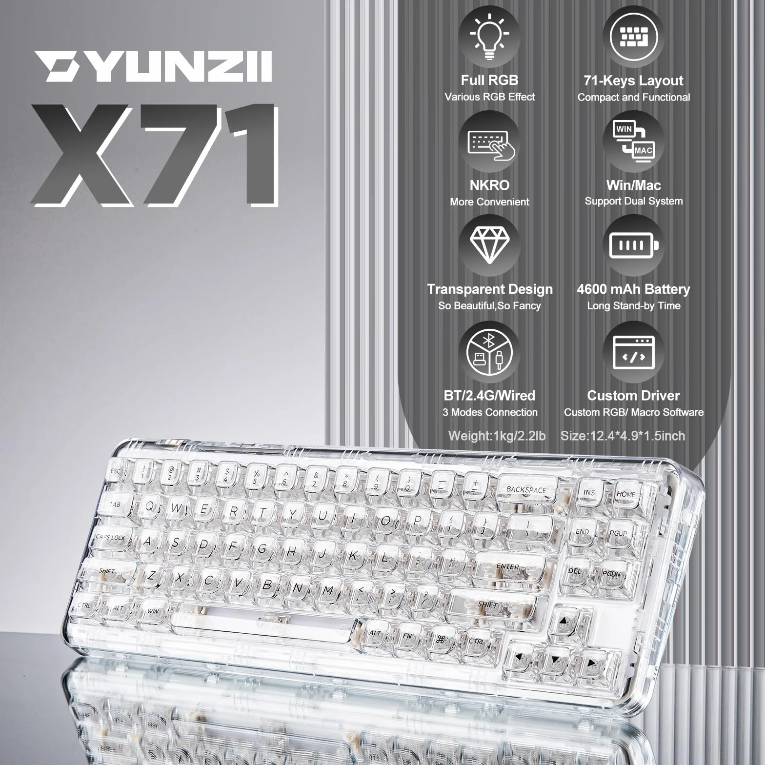 YUNZII X71 Bezprzewodowa wymiana na gorąco przezroczysta klawiatura mechaniczna z przezroczystymi klawiaturami klawiaturowymi, 68% Układ, BT5.0/2.4G/USB-C Bezprzewodowy (Biały, Crystal Ice Switch)