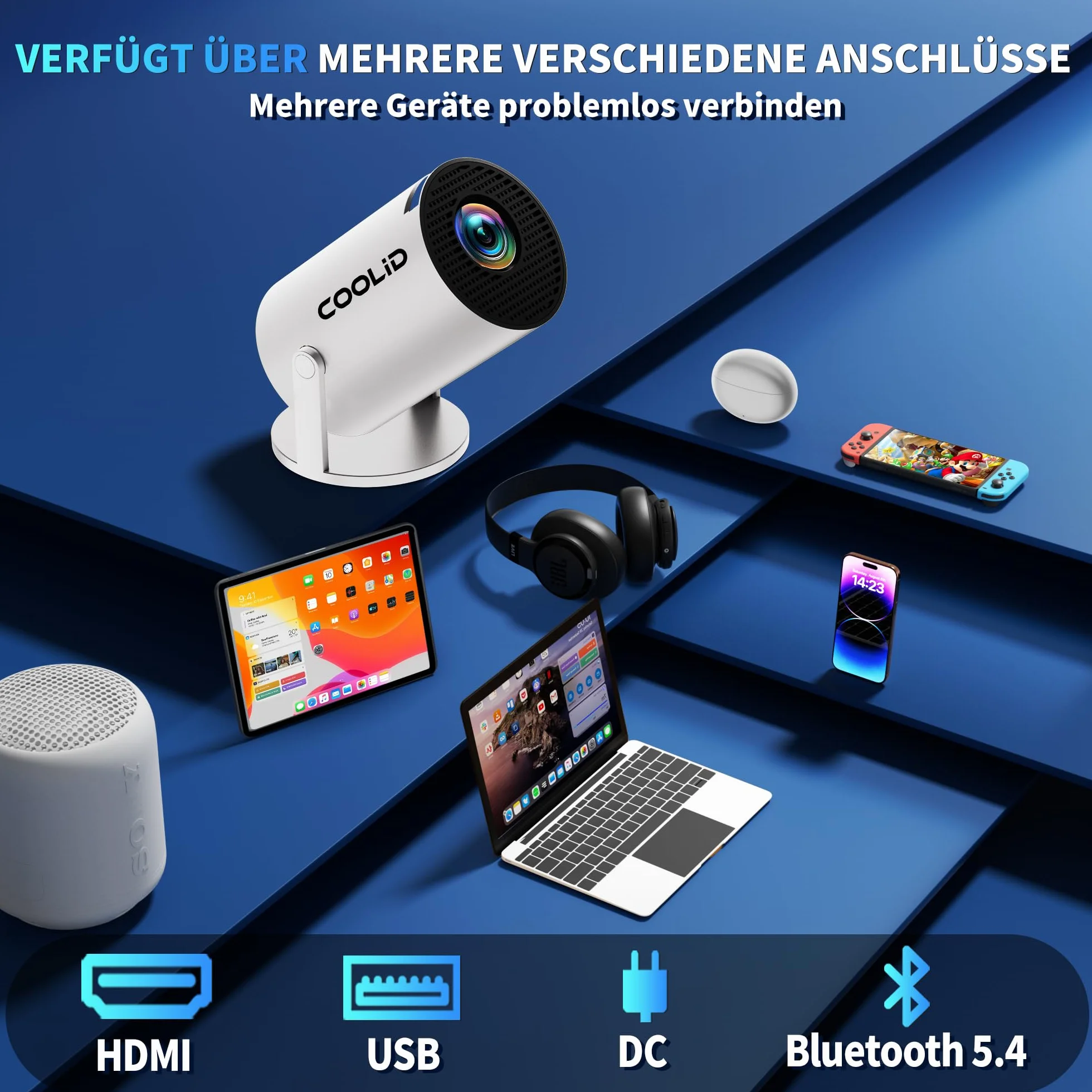 Mini projektor wideo 1080P z WiFi 6 BT 5.4, przenośny projektor 4K z telewizorem Android TV, obsługiwany projektor wideo do automatycznej korekcji trapezowej, obrót o 270°, z myszą, biały