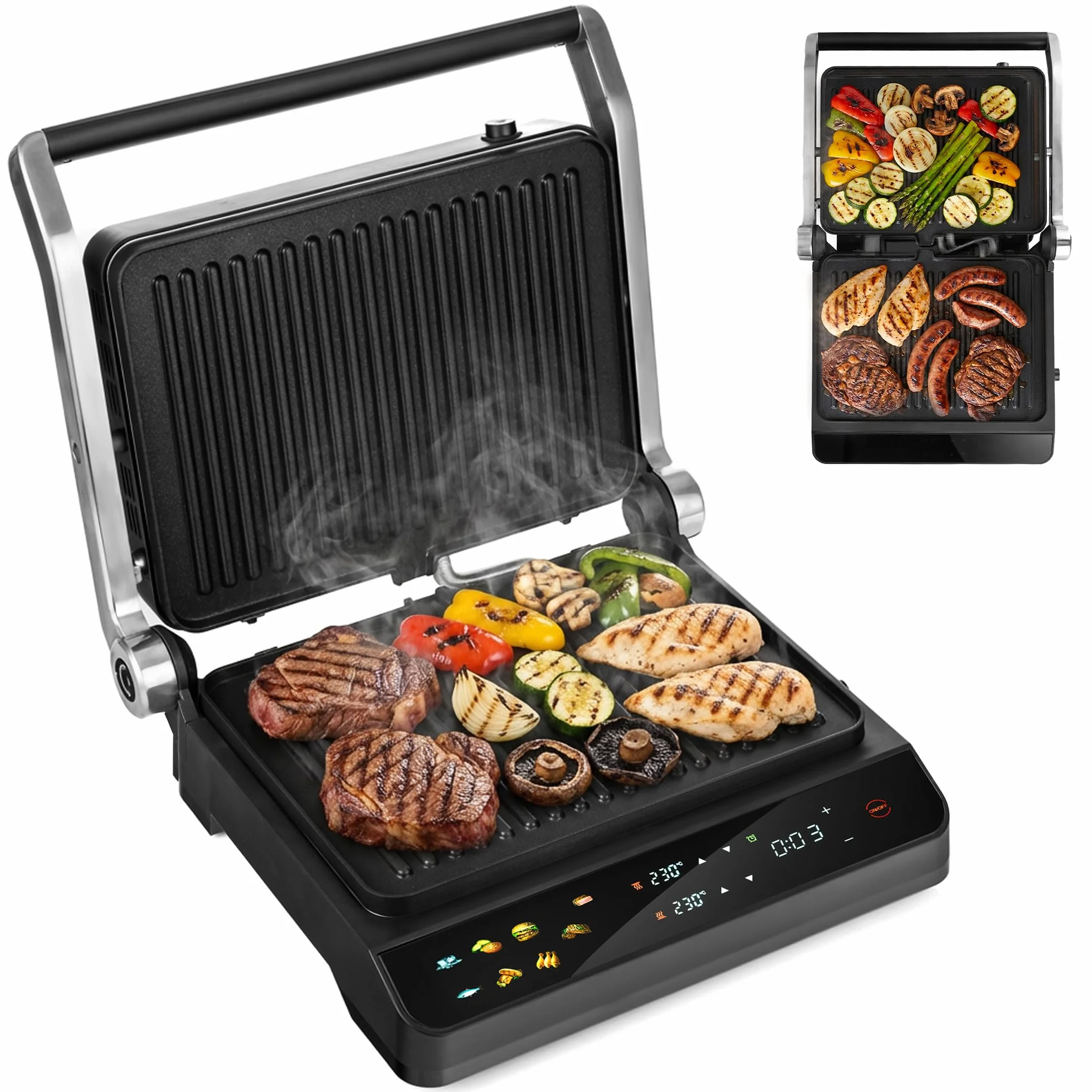 LEHMANN Grill kontaktowy, 2000 W, grill stołowy rozkładany 180°, zdejmowane płyty nieprzywierające, wyświetlacz: 10 programów, regulacja temperatury 90-230°C, timer 1-240 min, grill elektryczny do