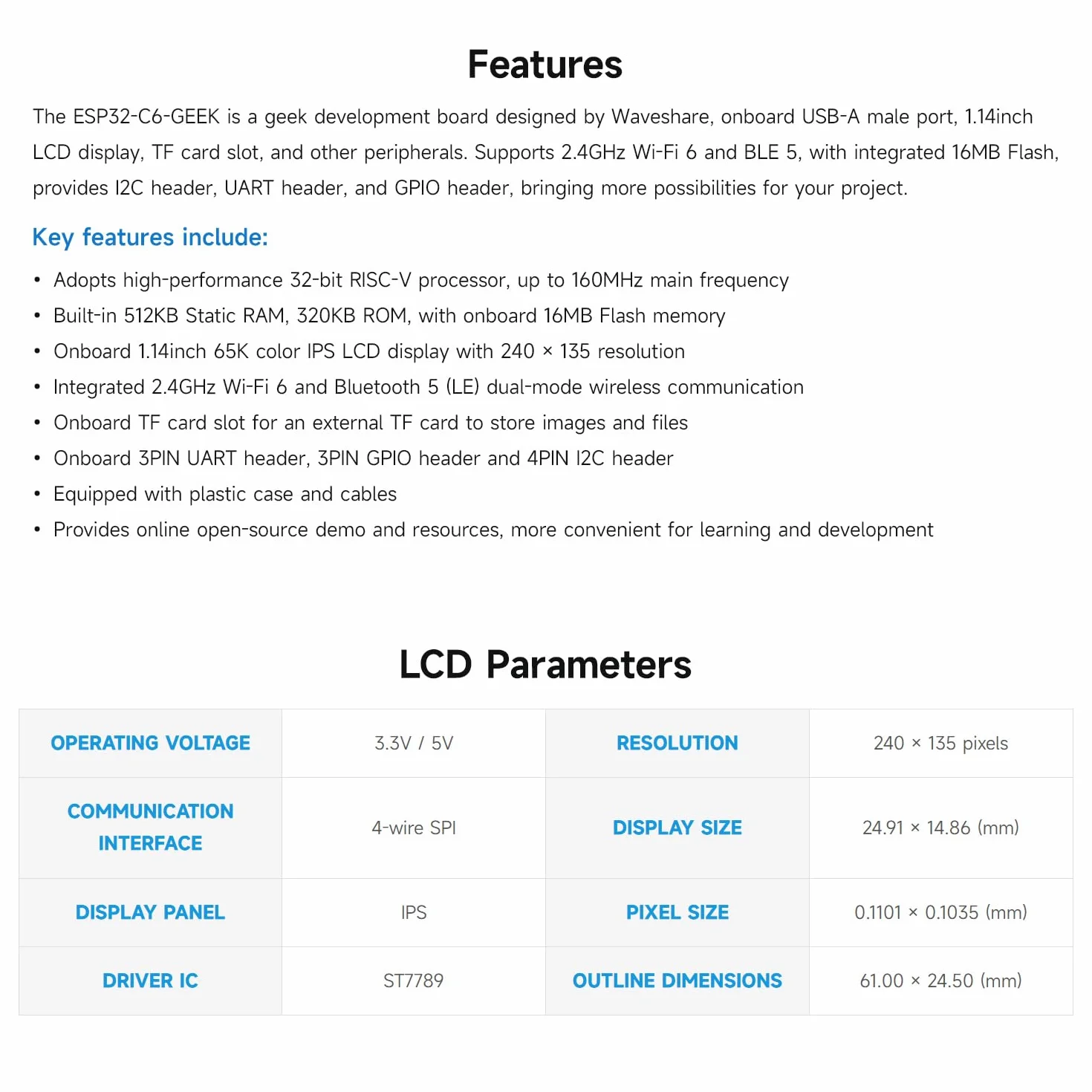 Waveshare ESP32-C6 GEEK Development Board, With 1.14inch 65K Color LCD Display, 240x135 Resolution, Supports 2.4GHz Wi-Fi 6 And BLE 5, USB-A Male Port, With White Plastic Case