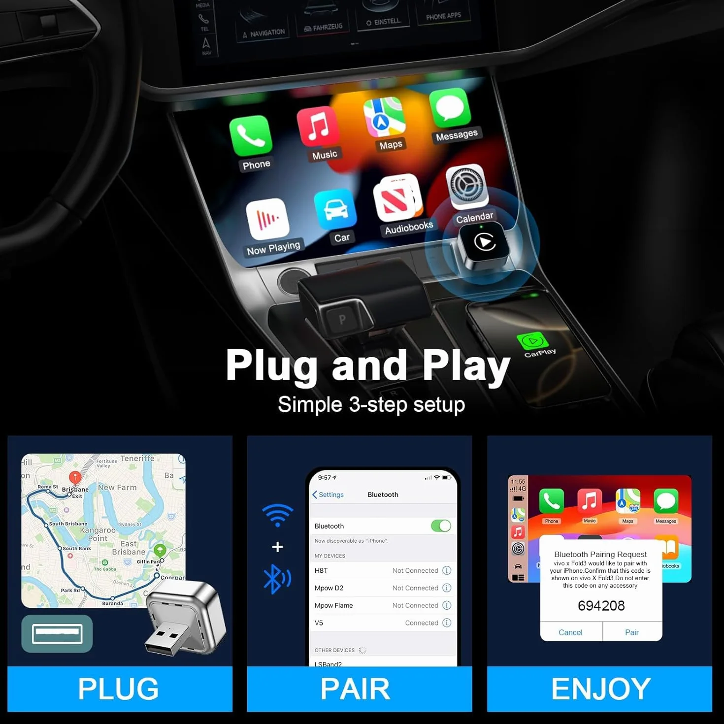 Adapter CarPlay Wireless 2025, aktualizacja OTA, pasuje do samochodów z 2016 i nowszych z CarPlay, współpracuje z iPhone iOS 11+ i Android Auto, Mini i Stable, automatyczne ponowne łączenie.