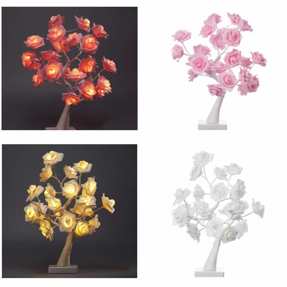 Lampa na biurko róża bonsai drzewo lampa zasilana bateriami dekoracyjne światło 24 LED sztuczny kwiat bonsai lampki choinkowe, na Dzień Matki, Boże Narodzenie,