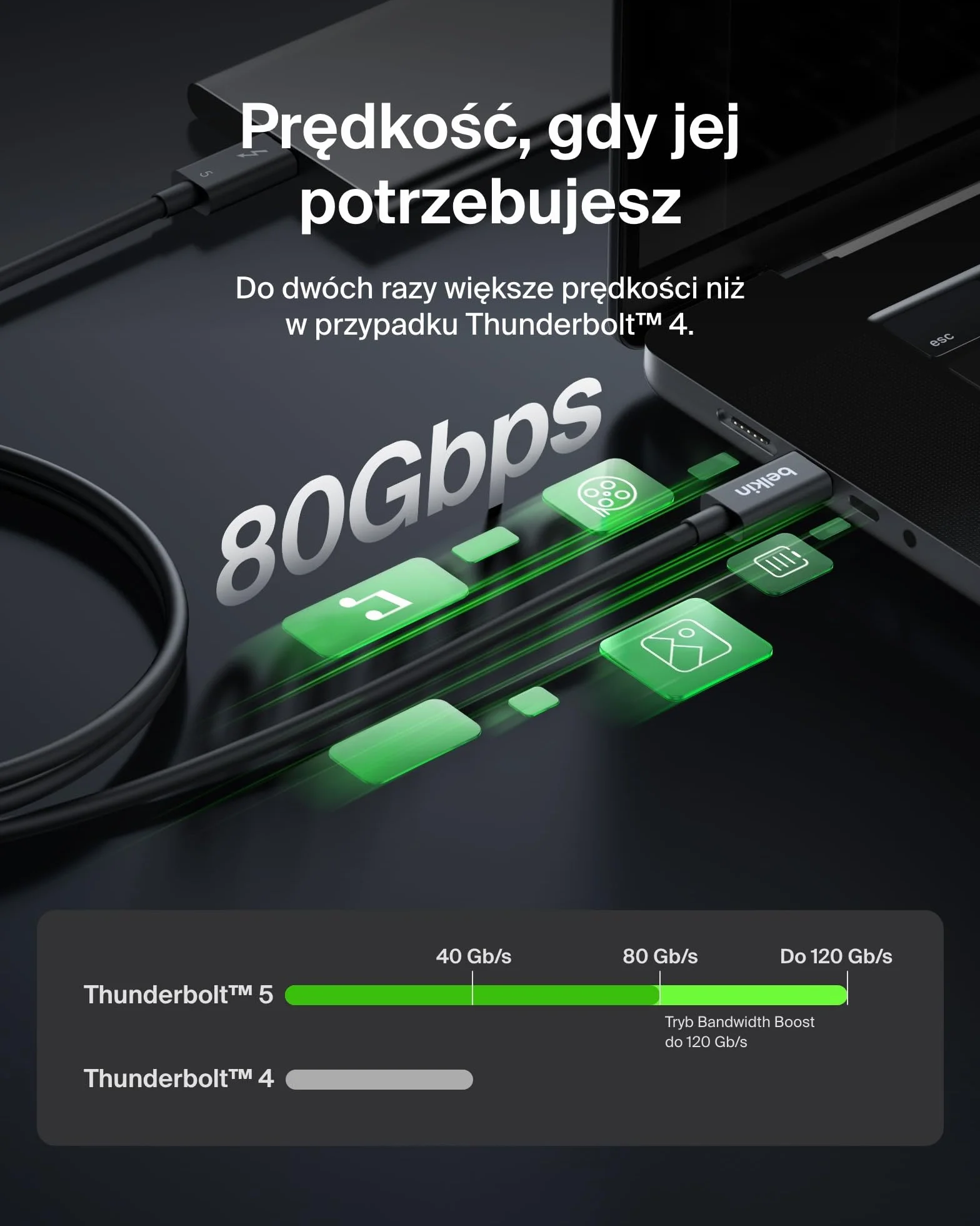 Belkin Kabel USB-C Thunderbolt 5 240 W PD, Bandwidth Boost do 120 Gb/s, 3 razy szybsza transmisja danych, rozdzielczość 4K UHD, 1 m – kabel USB-C do szybkiego ładowania z certyfikatem Intel – czarny