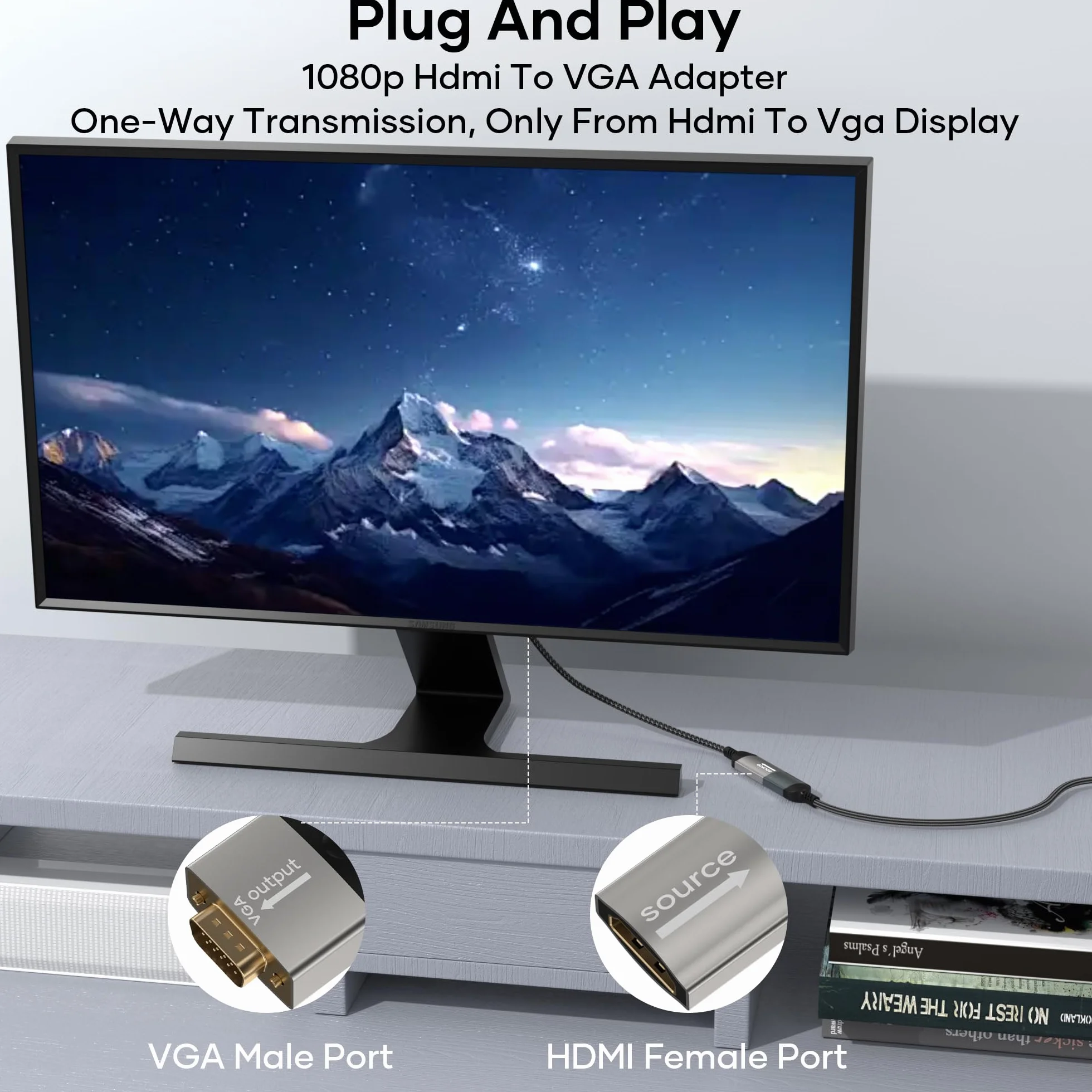 Adapter HDMI na VGA, adapter HDMI żeński na VGA, męski pleciony nylon 1080p, jednokierunkowy adapter HDMI do monitora VGA, do laptopa, komputera, TV Sticka, HDTV, odtwarzacza DVD, monitora, projektora