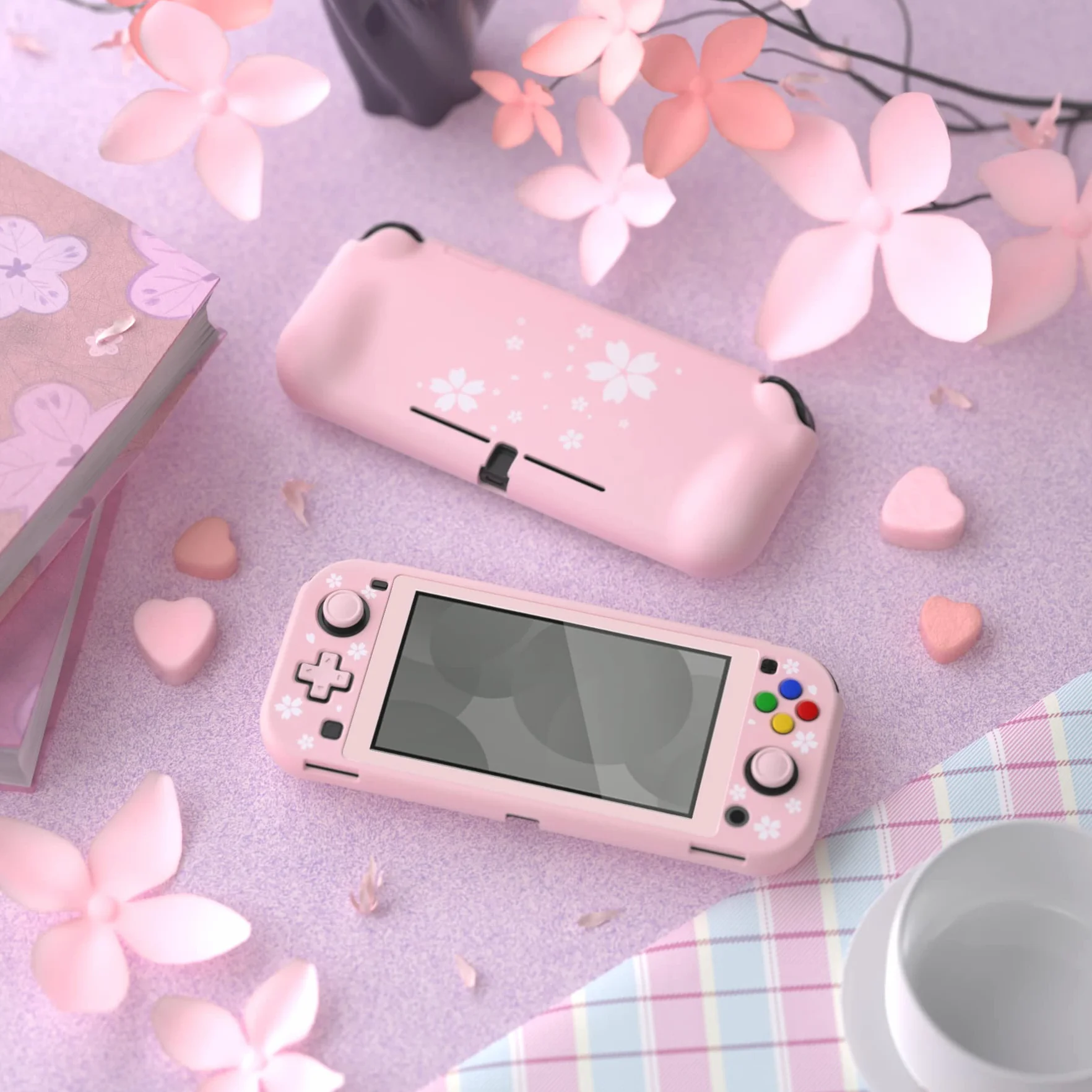 PlayVital Etui Ochronny do Nintendo Switch Lite,ZealProtect Obudowa Protective Cover do Switch Lite,Case Hard Shell z Ochraniacz Ekranu&Kciuka Caps&Caps Przycisków-Płatki Kwiatów Wiśni