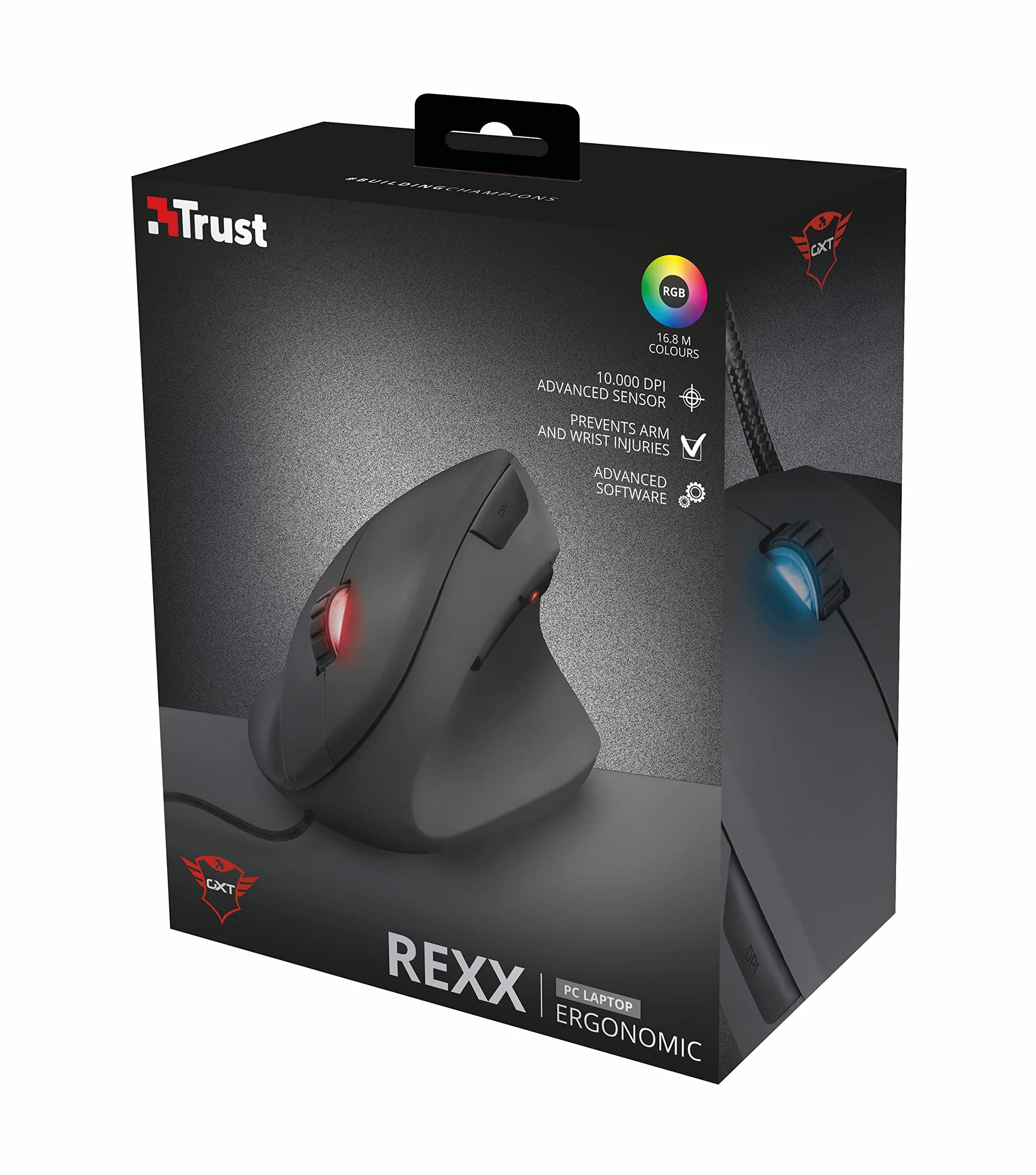 Trust Gaming GXT 144 Rexx Myszka Gamingowa, Ergonomiczna Mysz Pionowa dla Graczy, 250-10000 DPI, Podświetlenie LED, 6 Programowalnych Przycisków, Zaawansowane Oprogramowanie, Komputer, Laptop, PC