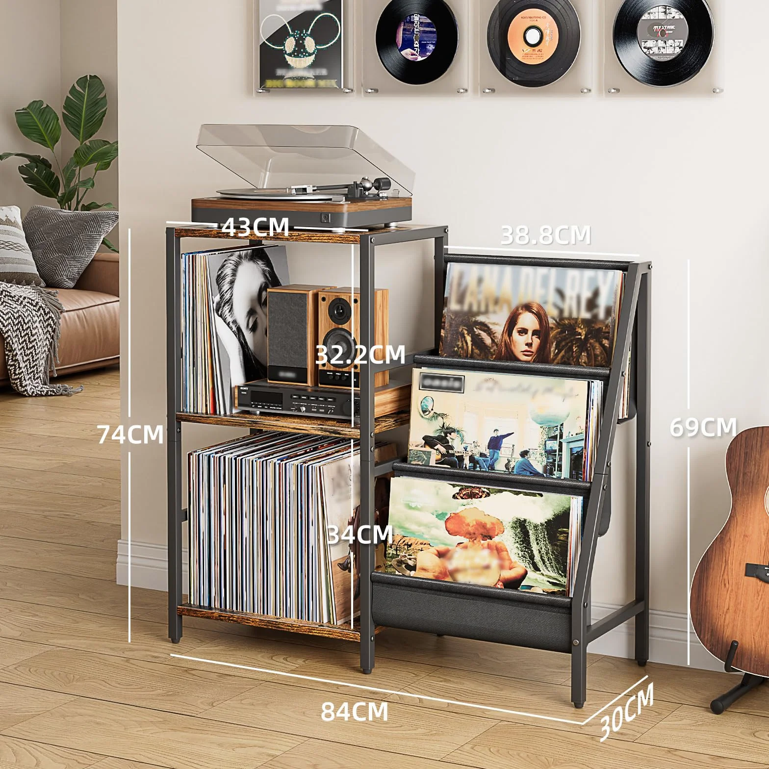 Stojak na Gramofon, Stolik Końcowy z 3-poziomowym Schowkiem na Płyty Winylowe, Stolik na Gramofon do 200 Albumów, Stojak na Płyty Winylowe, Szafka na Płyty Winylowe do Salonu (Patenty)