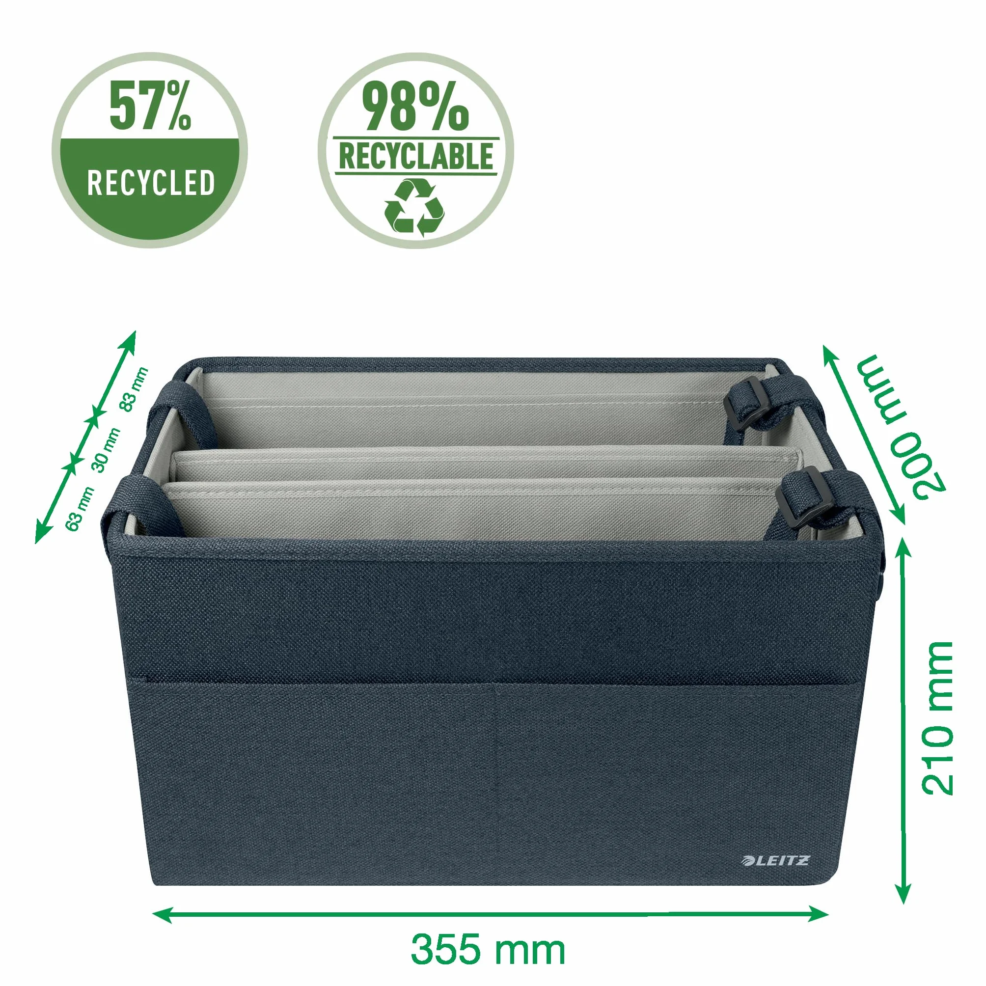 Kompaktowy, materiałowy organizer na biurko Leitz. Składana torba na laptopa, dokumenty czy inne akcesoria. Regulowane paski, 370 x 210 x 220 mm, Szary Aksamit, 65760089