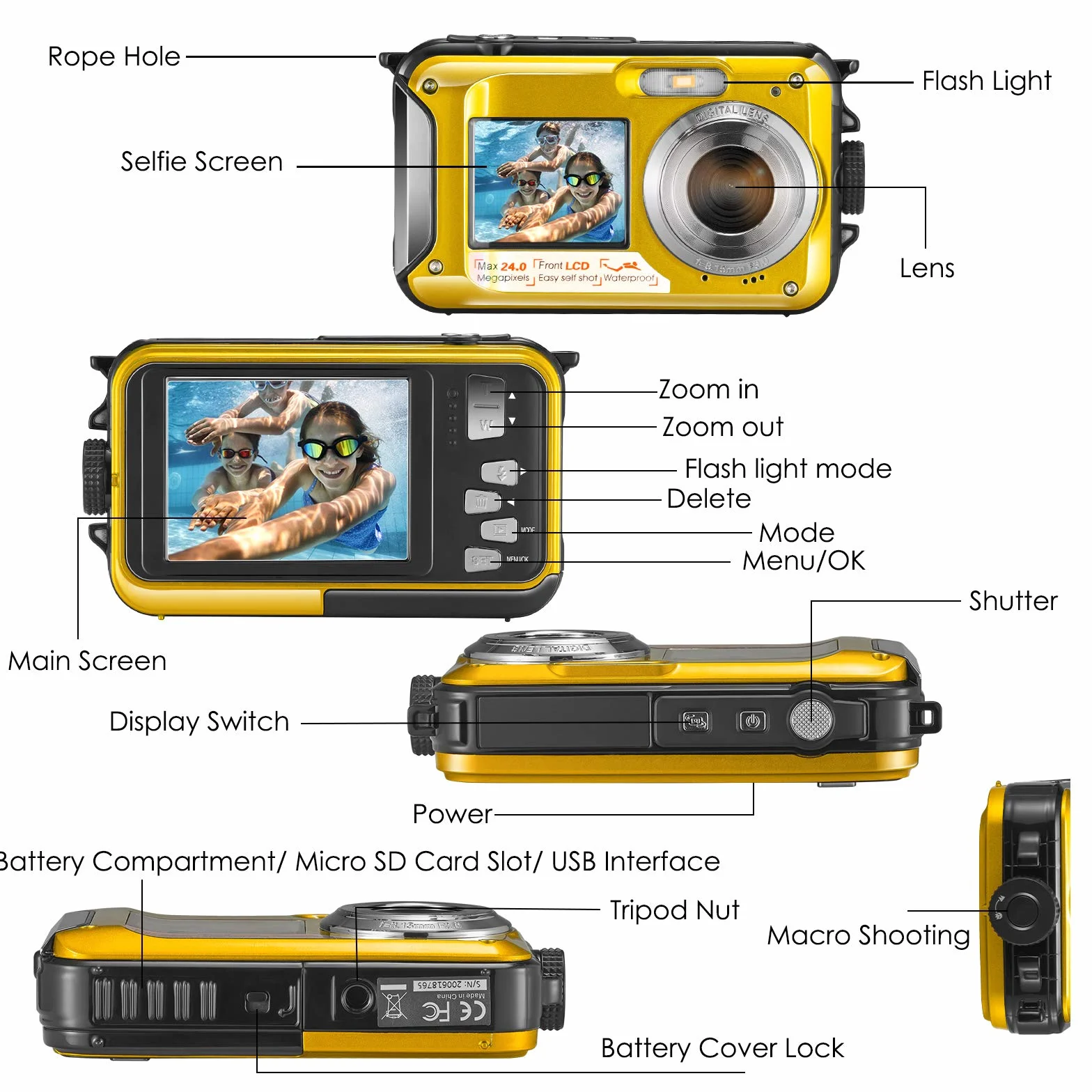 Aomdom Full HD 2,7K 48MP wodoodporna kamera do nurkowania z zoomem cyfrowym 16 x wodoodporna kamera z podwójnym ekranem Sport Camera z opóźniającym mikrofonem LED
