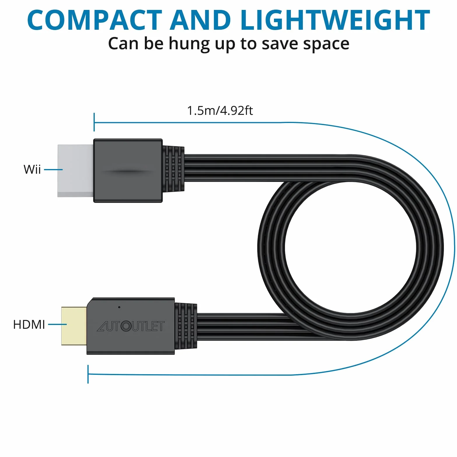 AUTOUTLET Adapter Wii do HDMI, 1080P/720P Konwerter Wii na HDMI, długość kabla 150 cm, obsługuje wszystkie tryby wyświetlania Wii, do telewizora HDTV i monitora, czarny
