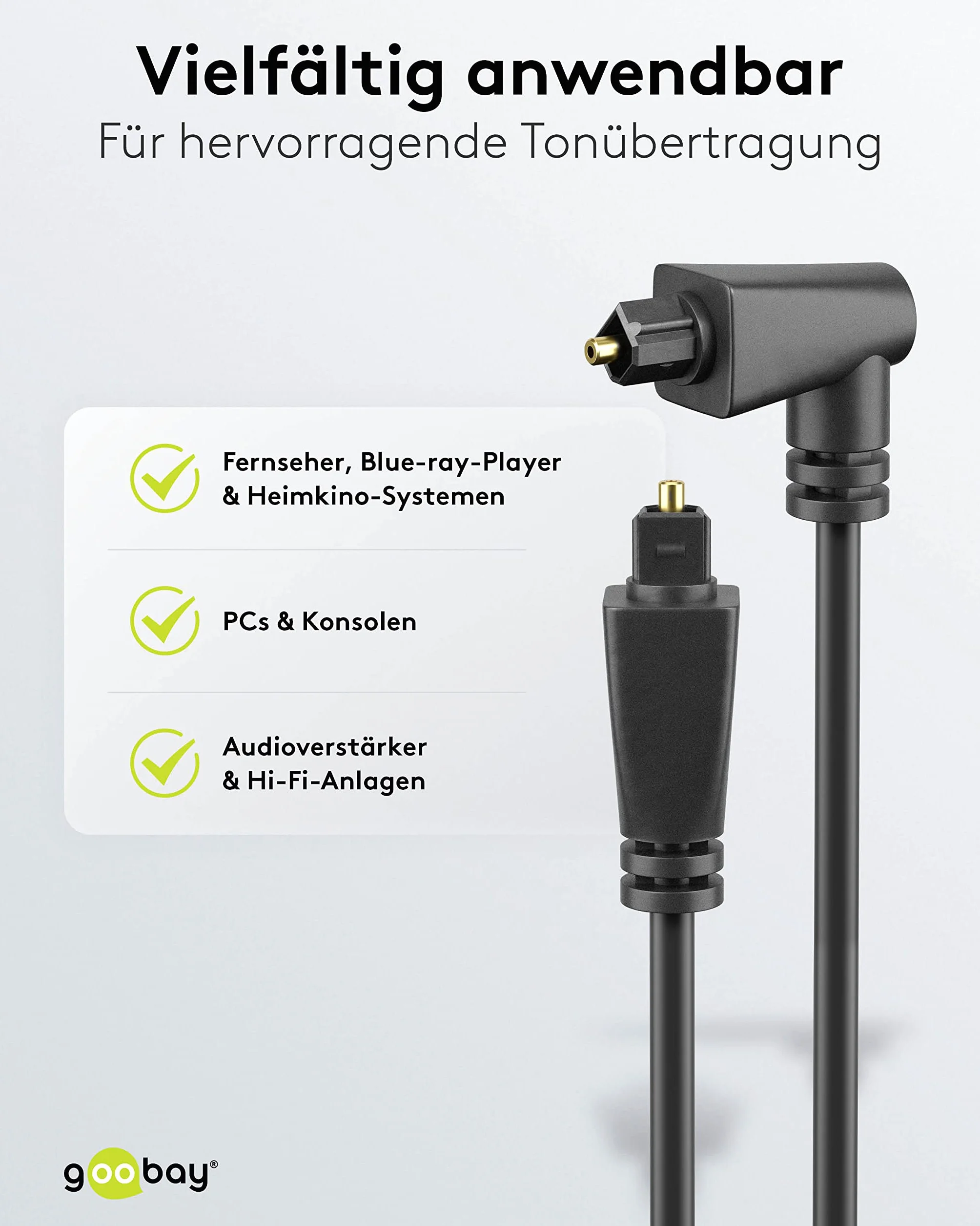 Goobay 41595 Toslink kabel wygięty pod kątem 90° (wtyczka obracana o 360°), 2 metry, kabel światłowodowy jednostronnie wygięty, cyfrowy kabel audio o najlepszej jakości audio